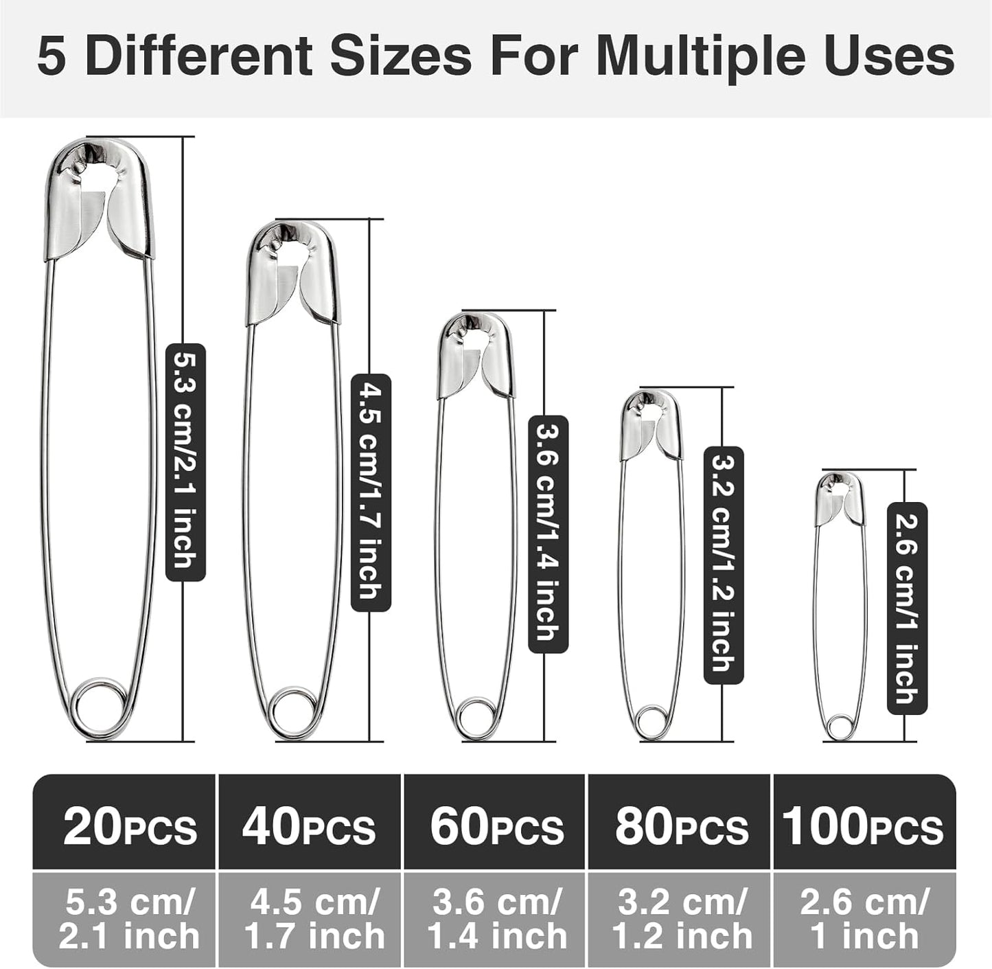 Silver Safety Pins 300 PCS, 5 Assorted Sizes of Durable, Small and Large Safety Pins Bulk, Sharp Edge Pins for Clothes, Sewing, Arts & Craft