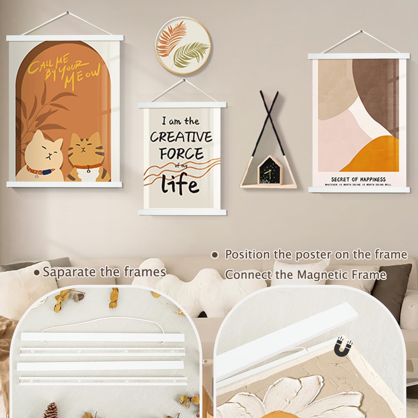 Artmag Magnetic Poster Hanger Frame, 21x29 21x18 21x15 Light Wood Wooden Magnet Canvas Artwork Print Poster Hangers Frames Hanging Kit (White, 21")