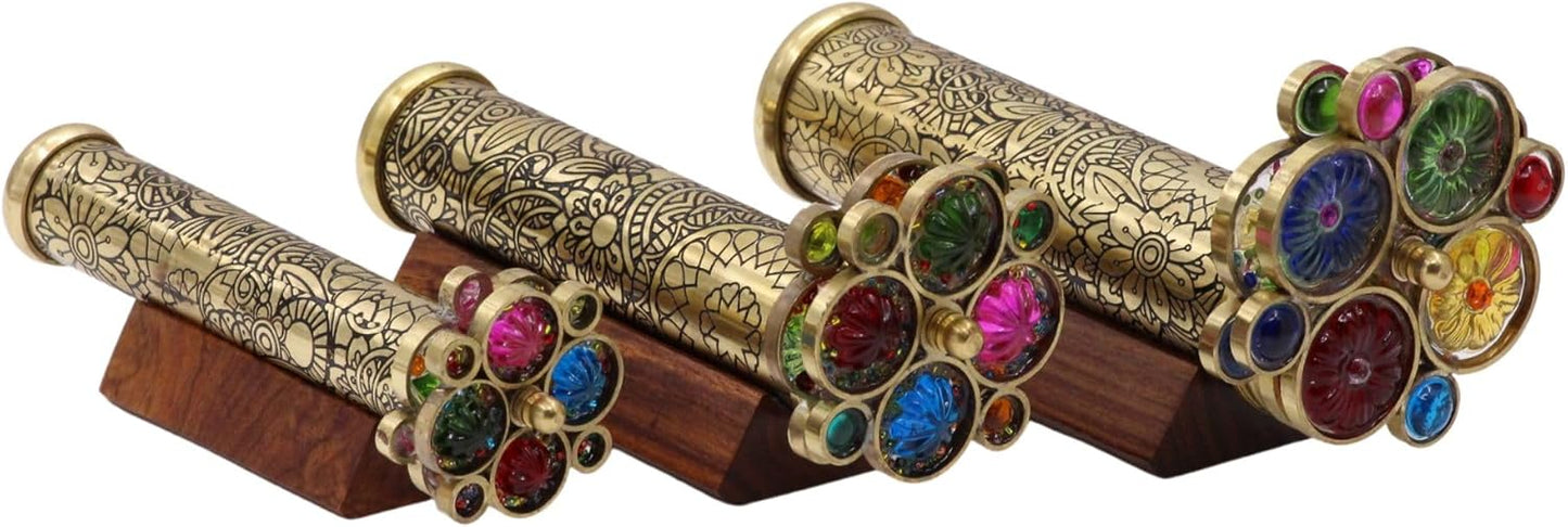 RII Handcrafted Etched Floral Pattern Lacquered Brass Kaleidoscope Includes Two Separate Turning Wheels-Unique Gift Ideas for Someone Special. (7"x1.25")