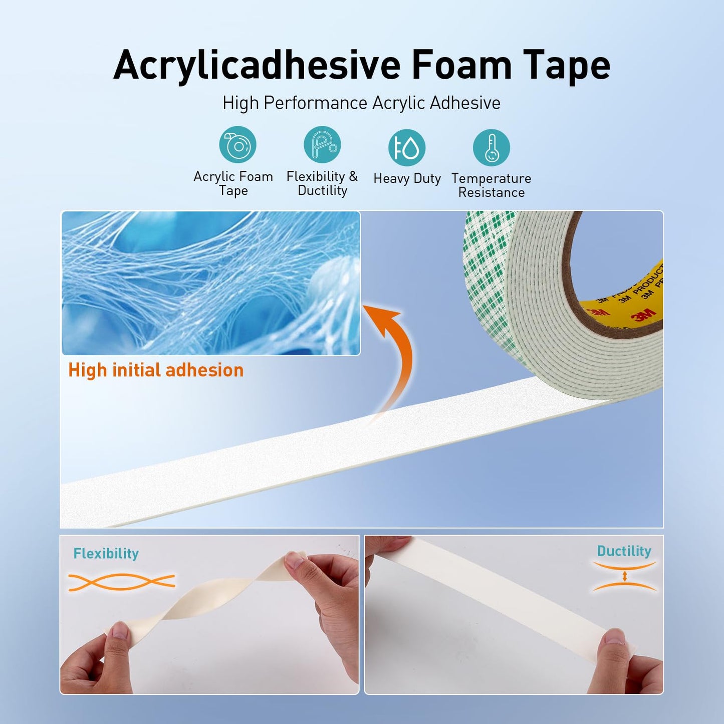 Double Sided Tape Foam Tape 1" x 18Ft Made of 3M High Shear Adhesive Mounting Tape with High Temperature Resistance for Interior Exterior Mounting Applications and Home Office Deco