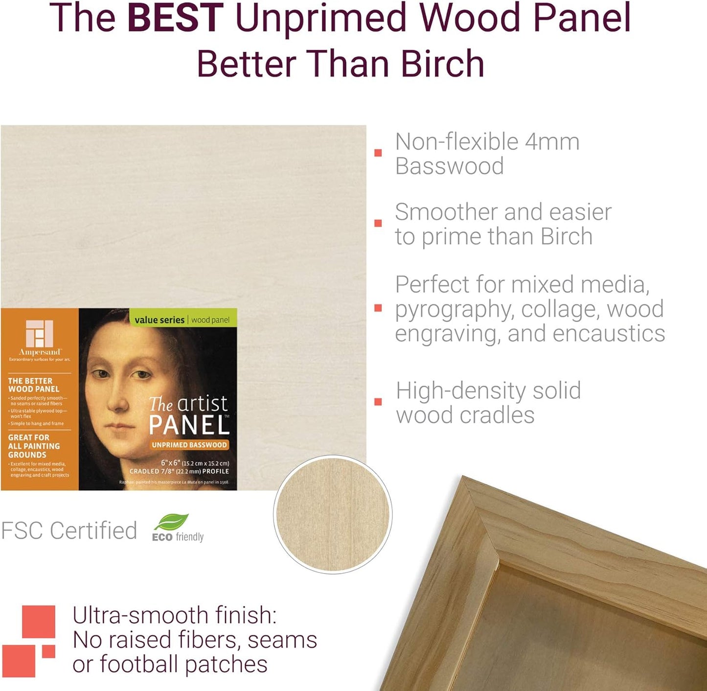 Ampersand Art Supply Unprimed Basswood Artist Panel, 1-1/2" Cradled Profile, 12"x24"