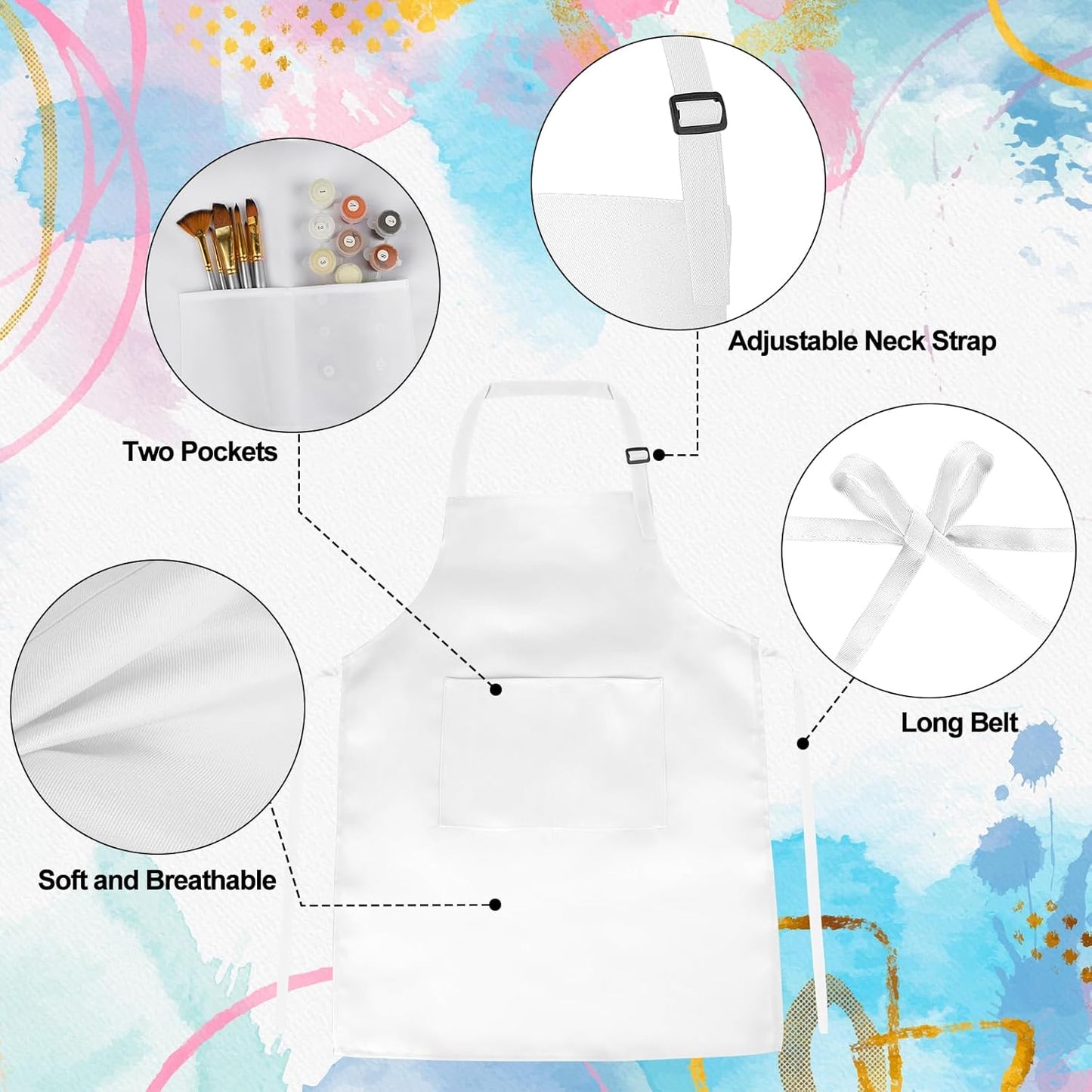 PLULON 20 Pcs Kids Apron Bulk Adjustable White Chef Apron with 2 Pockets Painting Aprons for Kids Cooking Baking Crafts (White)
