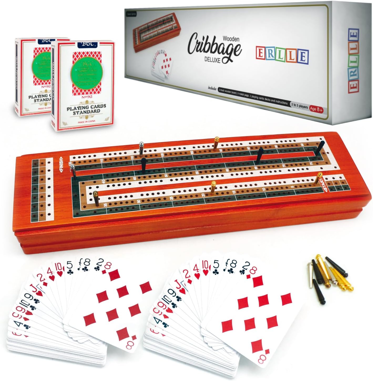 ERLLE - Wooden Cribbage Board Game Set, Continuous 3 Track Wooden Board, 9 Metal Pegs, 2 Decks of Cards, Sliding Lid and Storage, Unique Cribbage Boards,Travel Portable Cribbage Game Sets