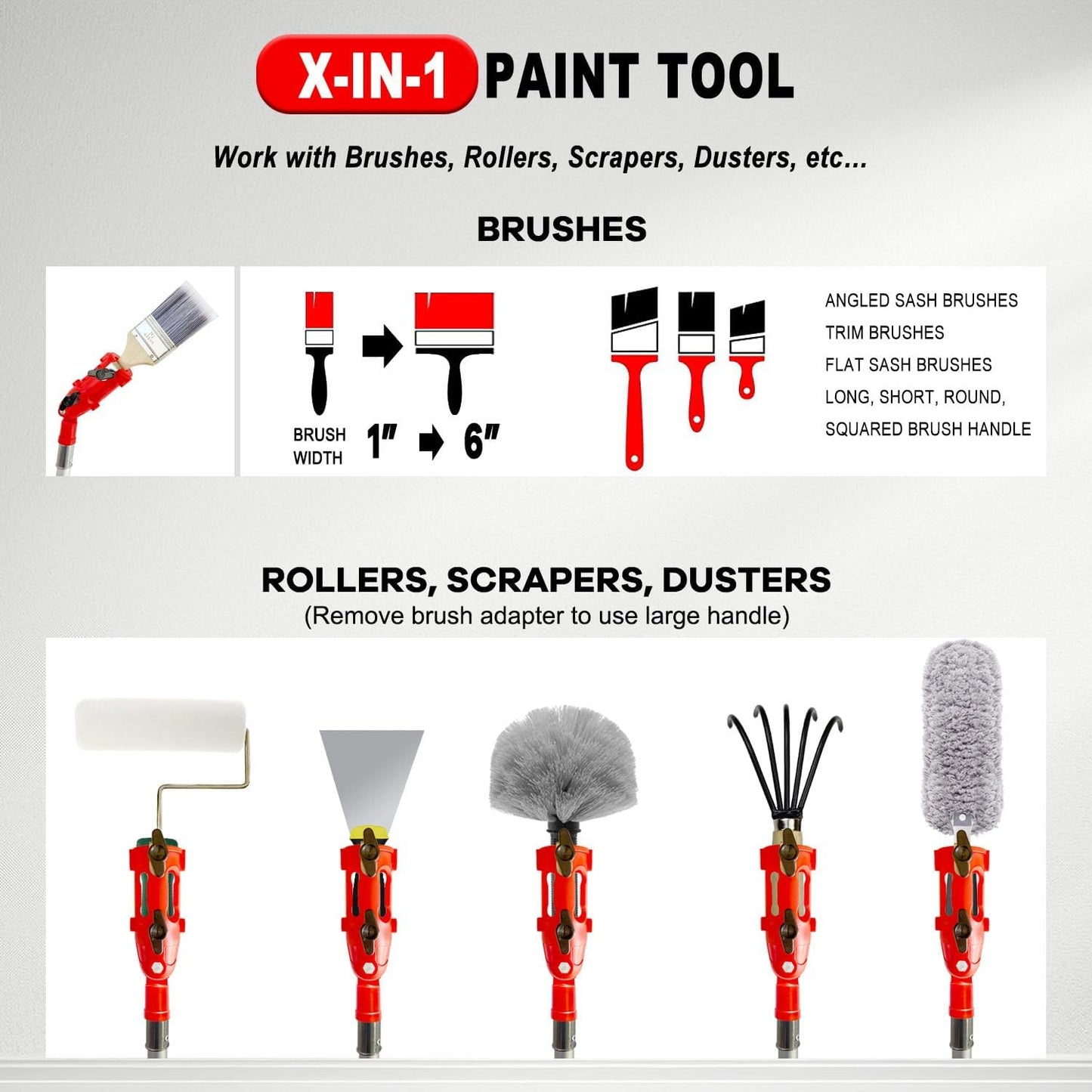 Multi Angle Paint Brush Extender V2, Long Handle Paint Brush, Extension Pole Attachments for Paint Roller, Paint Edger Tool for High Ceilings, Corner Painting Tools for Paint Extension Pole (Red)