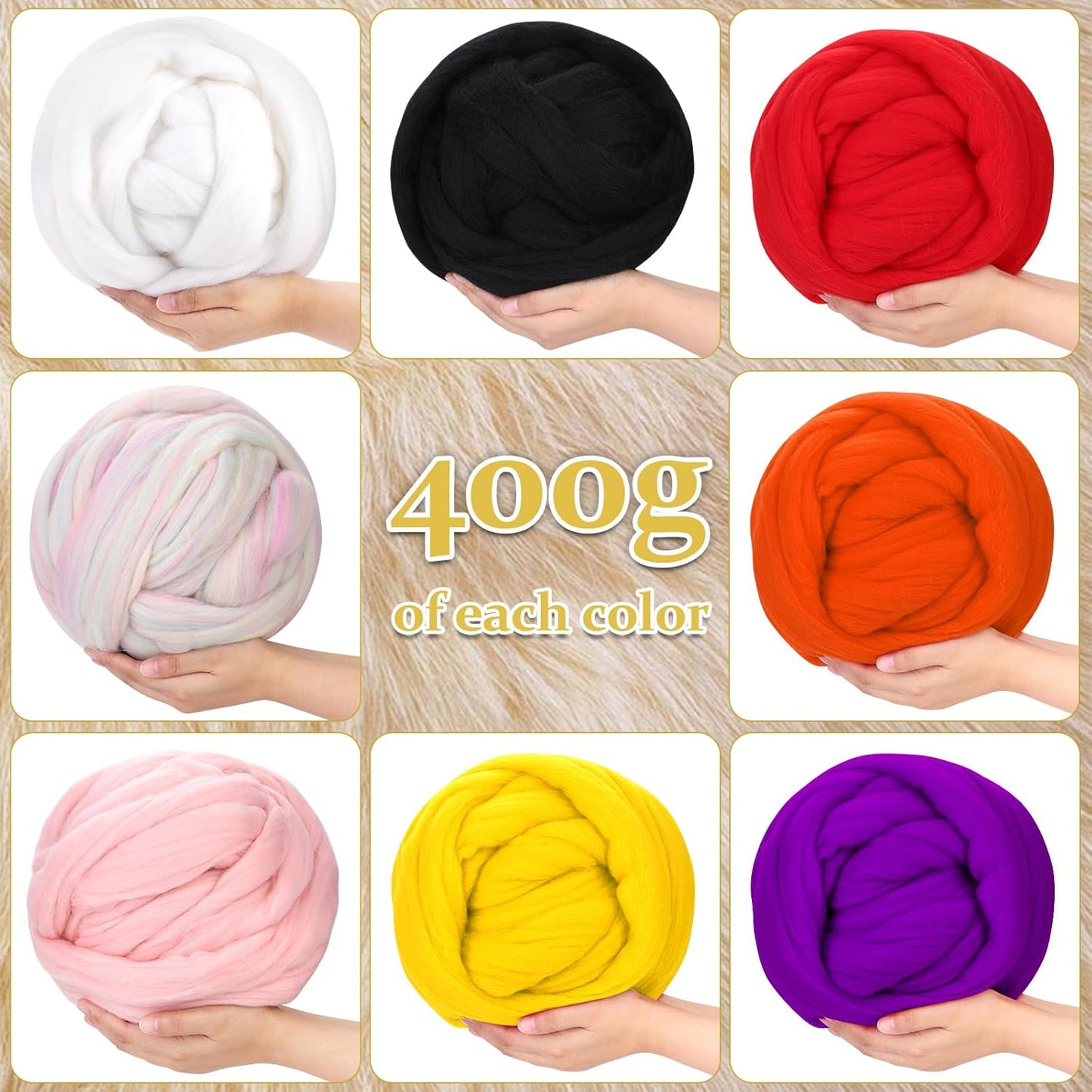 QMNNMA Wool Roving Bulk, 14.1oz Needle Felting Wool, Super Wool Chunky Yarn for Needle Felting, Fiber Roving Woolen Top for Hand Spinning, Felting, Blending, Weaving and DIY Craft (400g)
