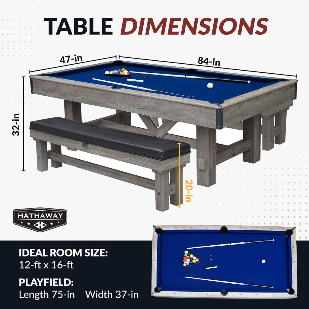Hathaway Logan 7-ft Pool Table Combo Set with Benches - Rustic Gray with Blue Felt, Barnwood