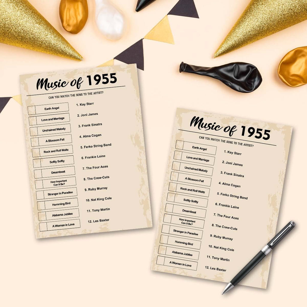 QUPT 70th Birthday Party Games, Music of 1955 Games, Birthday Party Supplies for Adults, Fun 1955s Party Game, Pack of 30 Cards