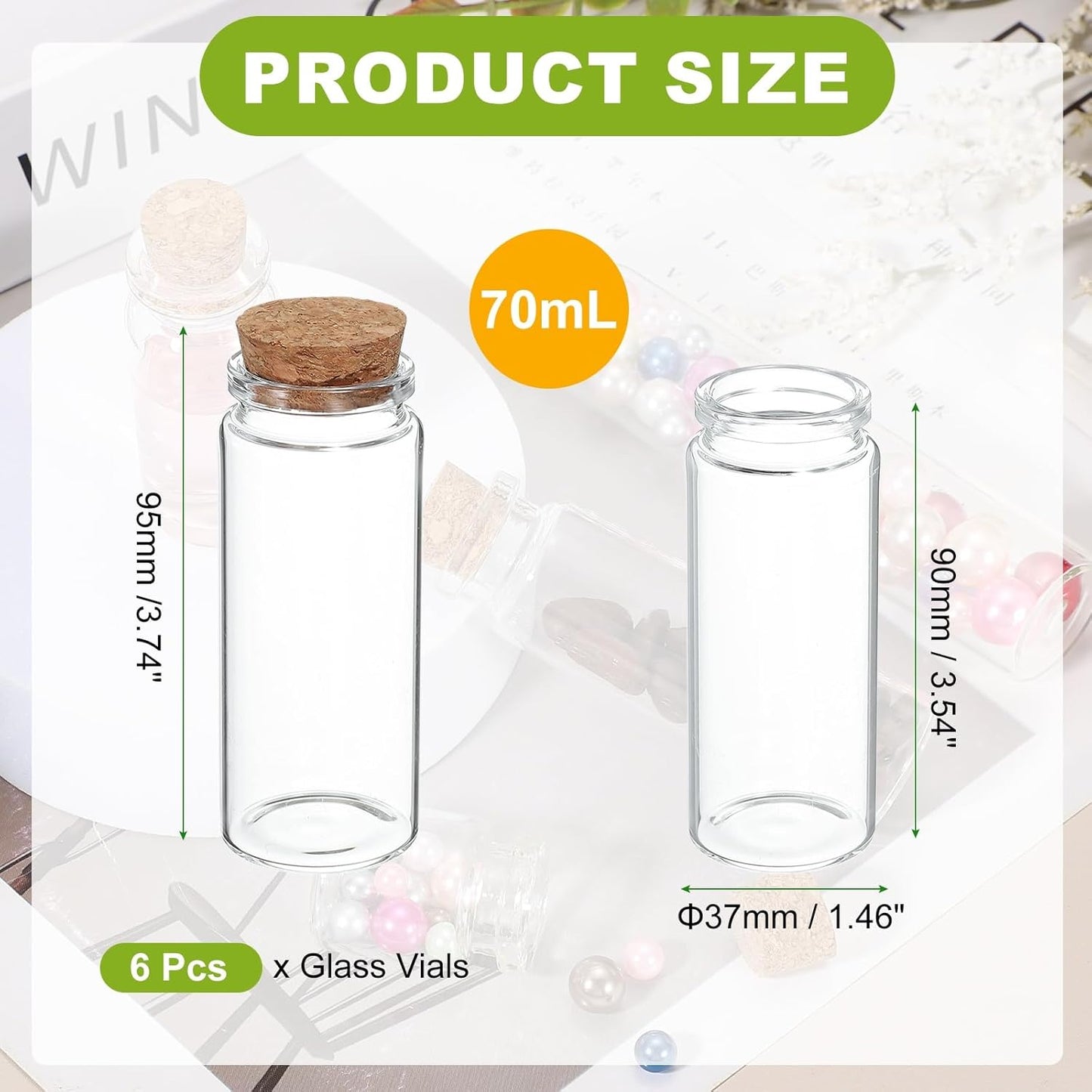 uxcell 6Pcs Mini Glass Bottles with Cork Stoppers, 70ml Small Clear Bottles Glass Empty Jars Vials for DIY Crafts Party Wedding Decor Favors