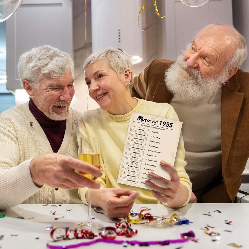 QUPT 70th Birthday Party Games, Music of 1955 Games, Birthday Party Supplies for Adults, Fun 1955s Party Game, Pack of 30 Cards