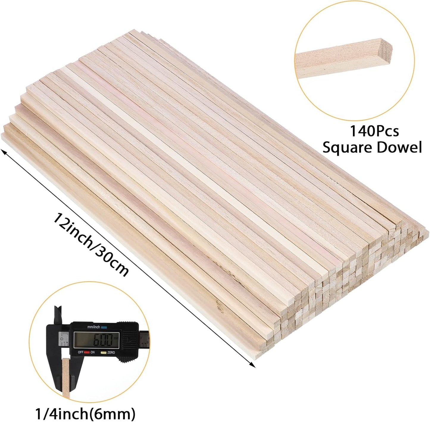 140Pcs 1/4" x 12" Balsa Wood Sticks, Square Dowel Rods Unfinished Balsa Wood Strips Hardwood Sticks for Crafts DIY Projects Models Making
