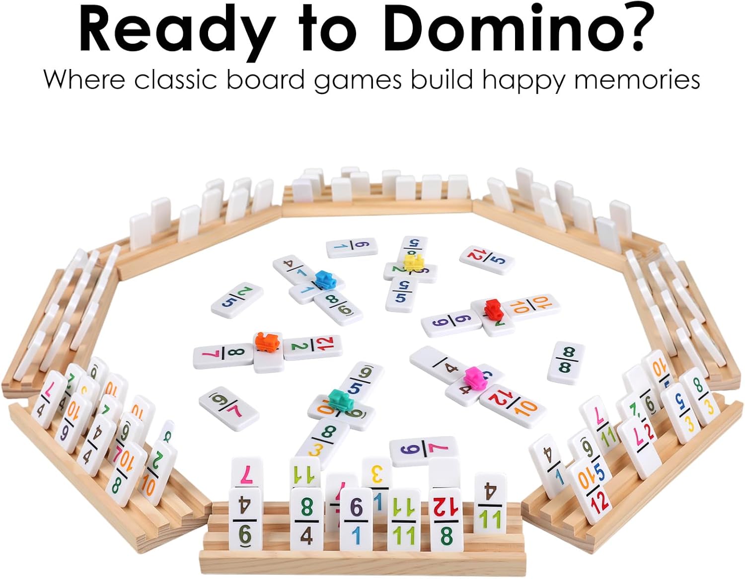 Mexican Train Dominoes Set Double 12 Colored Number Dominos with 8 Wooden Racks & 91 Tiles Portable Travel Case Classic Family Board Game Cognitive Strategy Game for Adults Kids