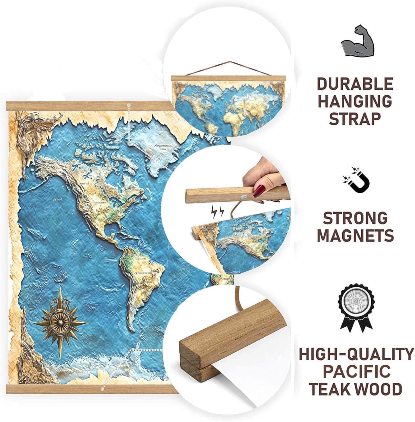 DACRI HOME 34 Inch Magnetic Poster Hanger Frame -Sturdy Teak Wood Poster Frame, Strong Magnets for Quick Hanging Maps, Posters, Picture, Print, Scroll Wall Art 34x22 34x23 34x24 (34", Natural Wood)