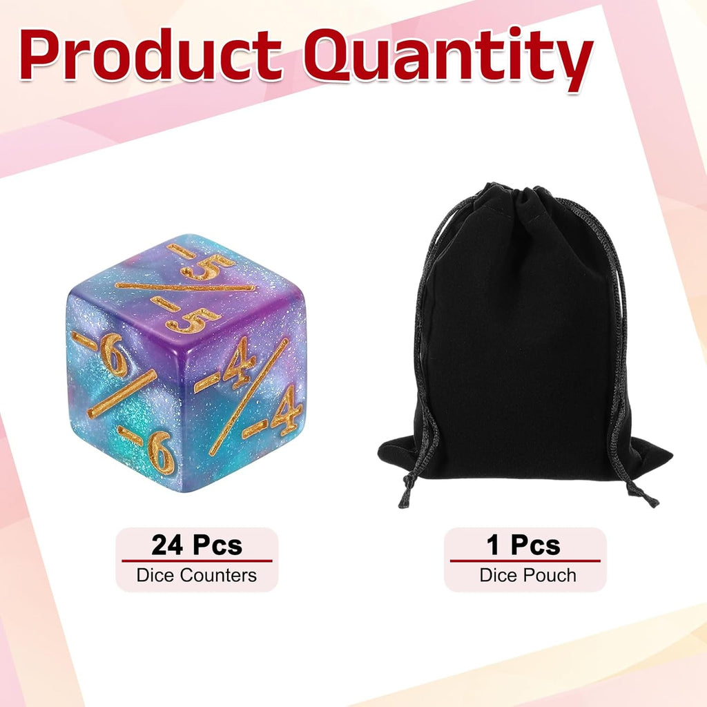 uxcell 24Pcs Magic Dice Counters, Acrylic D6 Life Token Dice Set with Pouch for Standard Cards Gaming Accessories, Blue & Purple