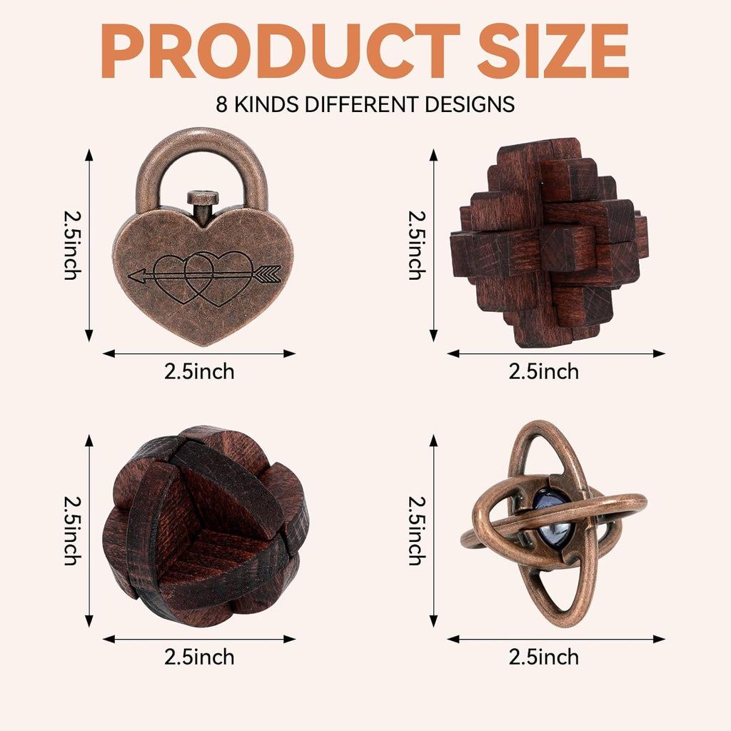 8 Pcs Brain Teaser Puzzles for Adults Teens - Metal Puzzles 3D Puzzle Game Toys for Adults Teens - Wooden Unlock Interlocking Puzzle Adult IQ Education Smart Toys