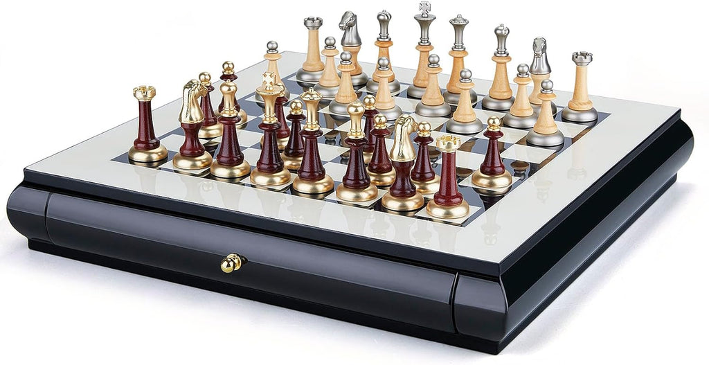AMEROUS 16 Inches Wooden Chess Set, Large Size Board with 2 Built-in Storage Drawers - 2 Extra Queens - Metallic & Wooden Chess Pieces - Gift Packaging, Board Games for Adults and Kids