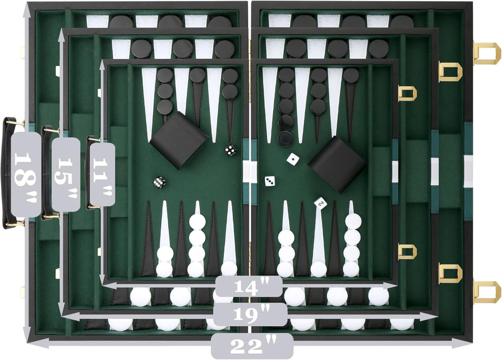 Backgammon Set - Classic Board Game with Premium Leather Case - Portable Travel Strategy Backgammon Game Set for Adults, Kids (18inch, Black)