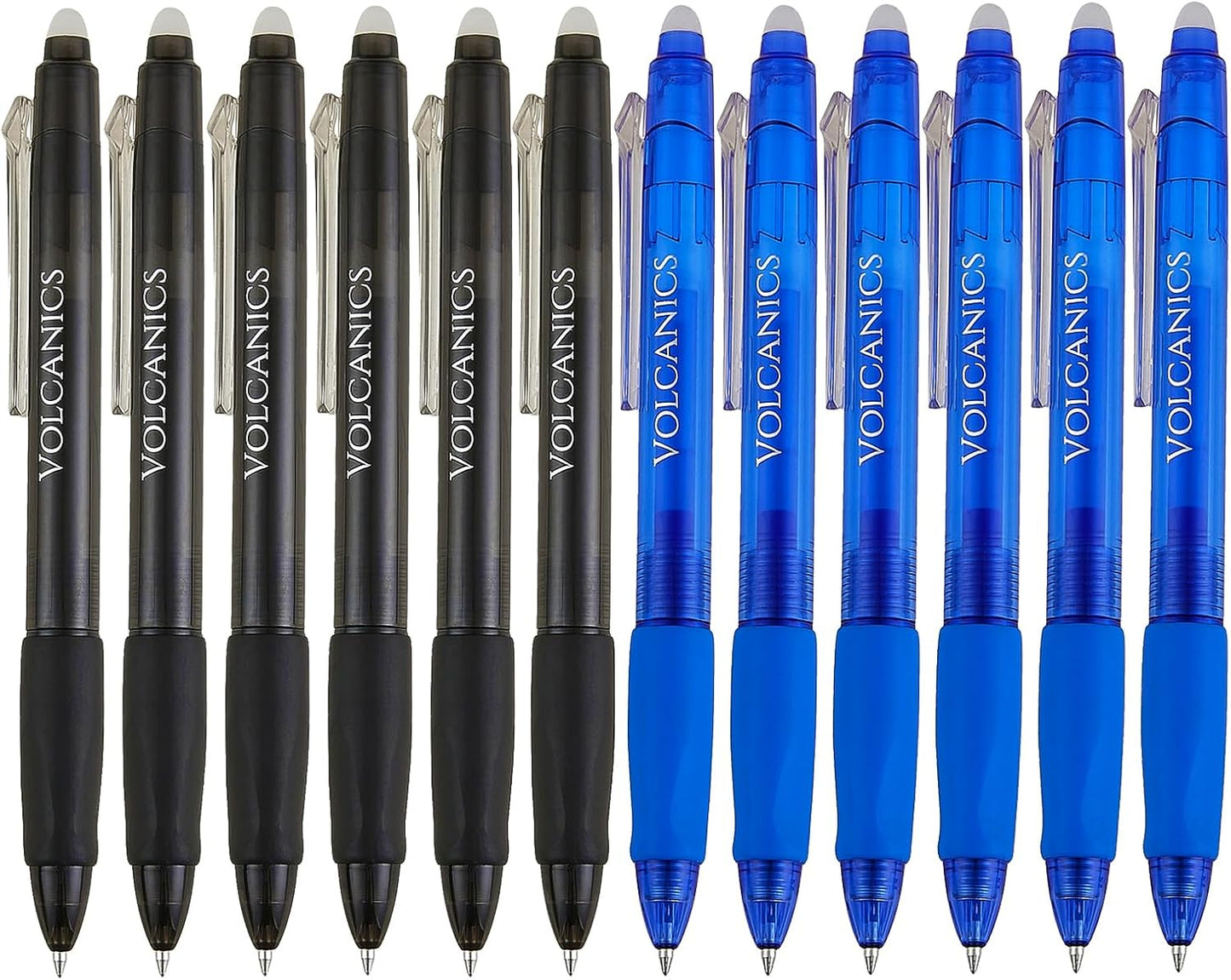 Volcanics Retractable Clicker Erasable Gel Pens - 0.7mm Ball Point, Heat Erase with Built-in Eraser, 12 Pack Black and Blue