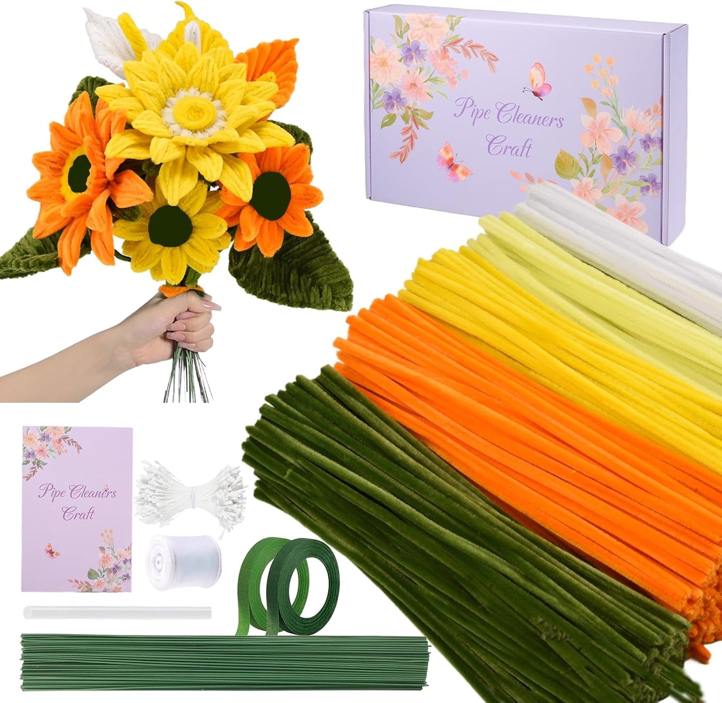400 Pcs Pipe Cleaners Craft Set, 5 Assorted Pipe Cleaners Bulk, Chenille Stems for DIY Flower Making Kit with Floral Stems, Gardening Tape, Stamen, Ribbon for DIY Bouquet Gift (Sunflower)