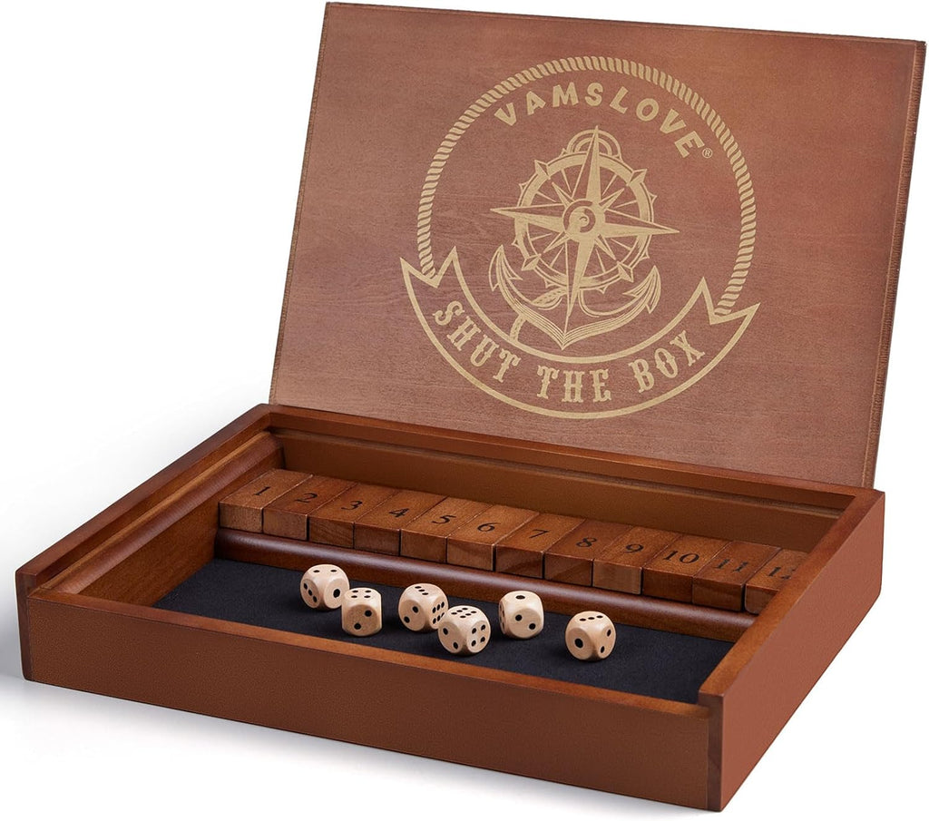 VAMSLOVE Shut The Box Dice Game Wooden Board Table Math Game for 2 Players and Up, 12 Numbers Close The Box with 6 Dice for Kids Adults Family (Instructions Included)
