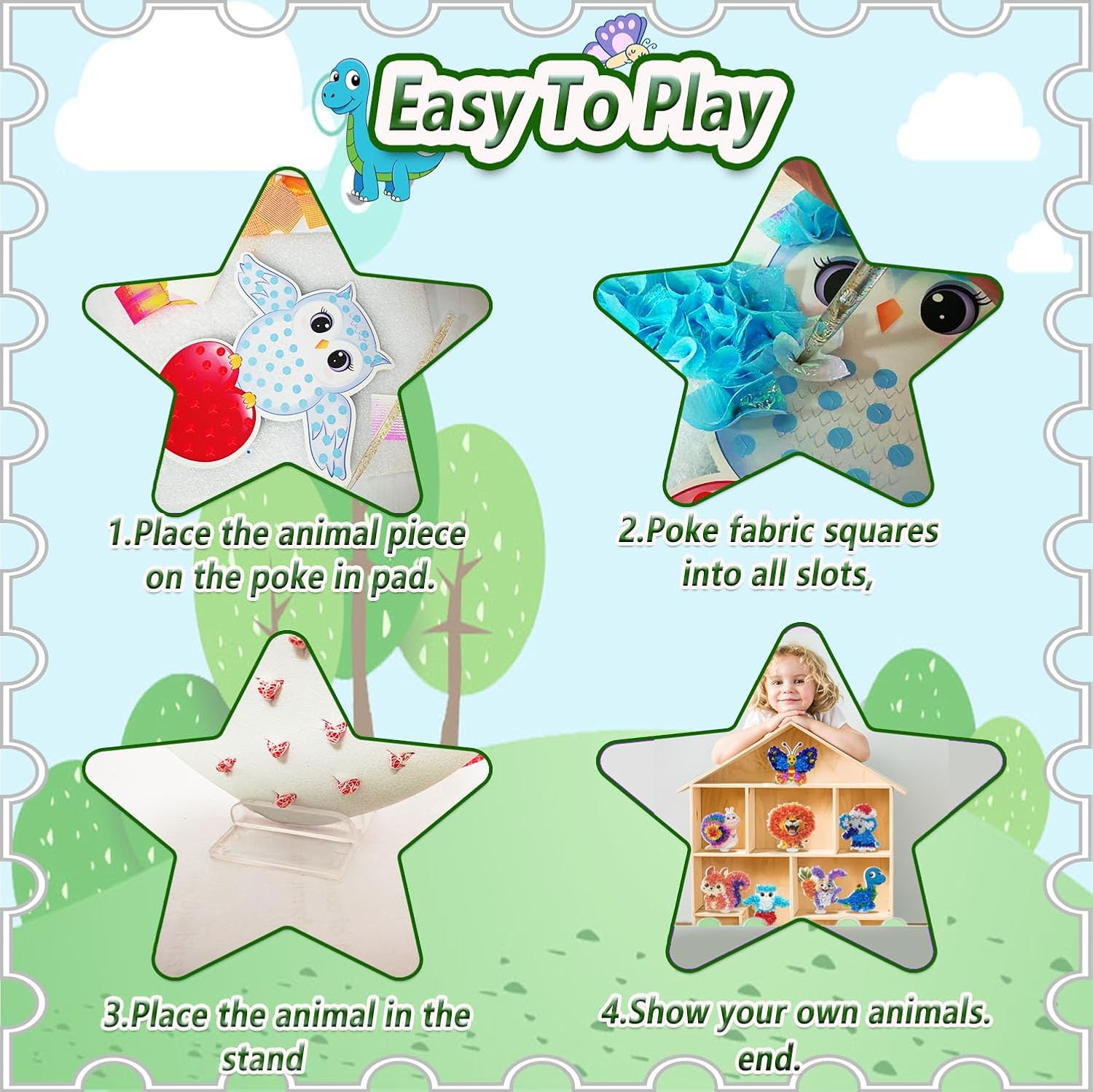 mom&myaboys Poke A Dot Art Kit - Animals Theme with Snail, Lion, Owl, Squirrel, Butterfly | No-Mess Sewing Craft for Kids Ages 4-8 | Creative Toys for Girls & Boys | Fun Gift for Birthday, Christmas