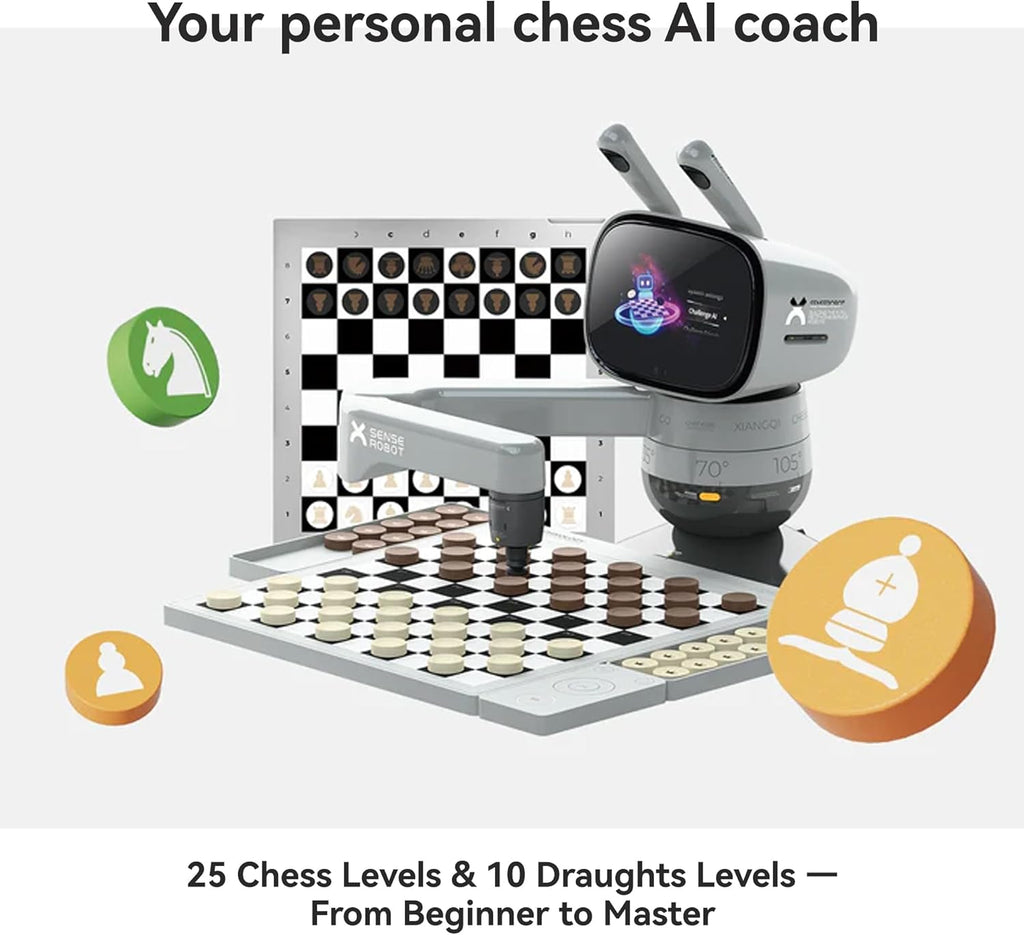 SenseRobot Lite — 2-in-1 AI Robotic Chess & Checkers Set | 25 Chess Levels (Elo 200–2900), Epic Duel Elo 3200, 10 Checkers Levels, Voice Guidance, Screen-Free Play, 1,200+ Lessons, Cloud & OTA
