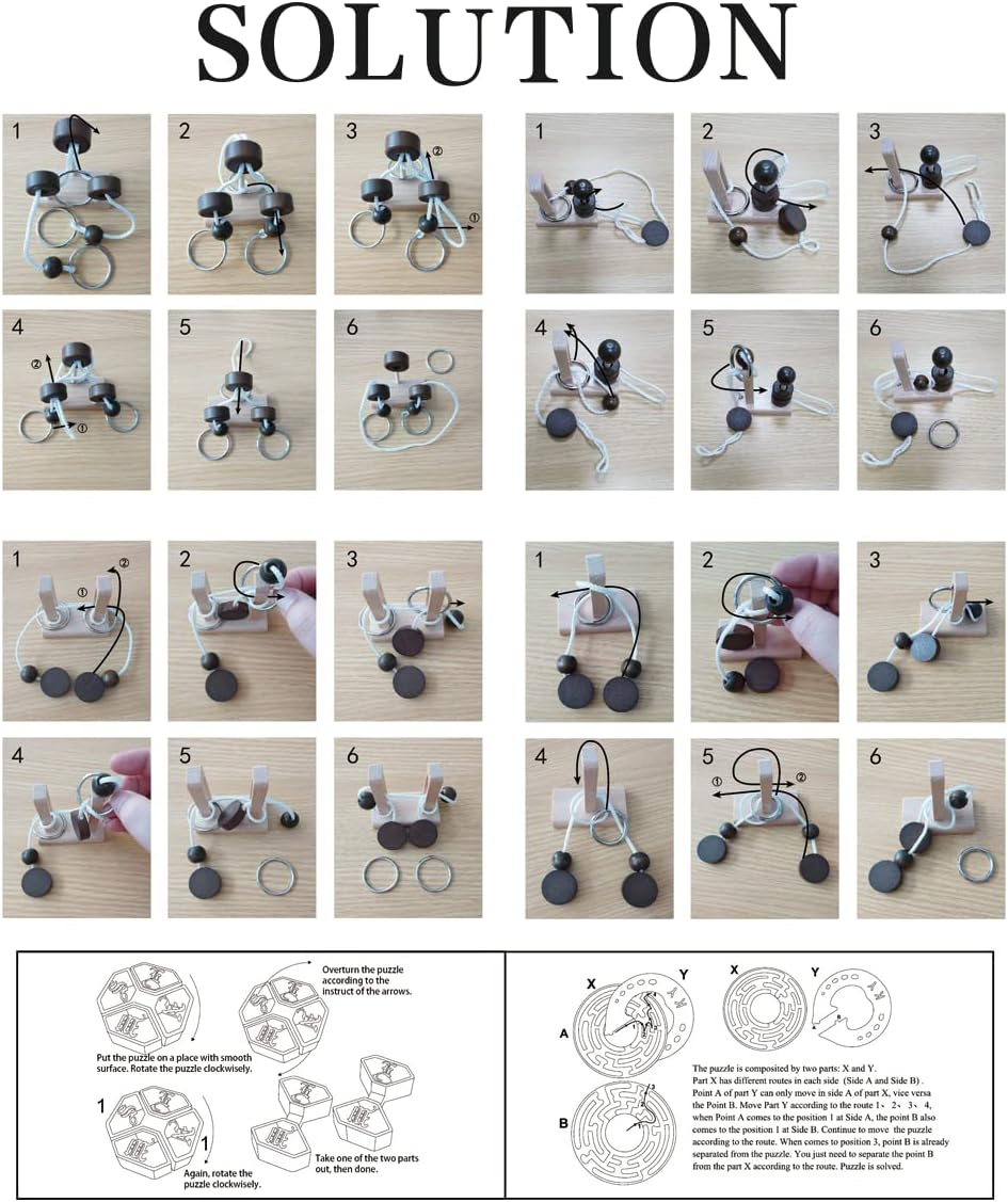 Wooden and Metal 3D Unlock Interlock Assorted Brain Teasers Puzzles，IQ Logic Training Family Game Party Favor Coffee Table Time Unlock Interlock Mind Puzzles Box（6Pcs）