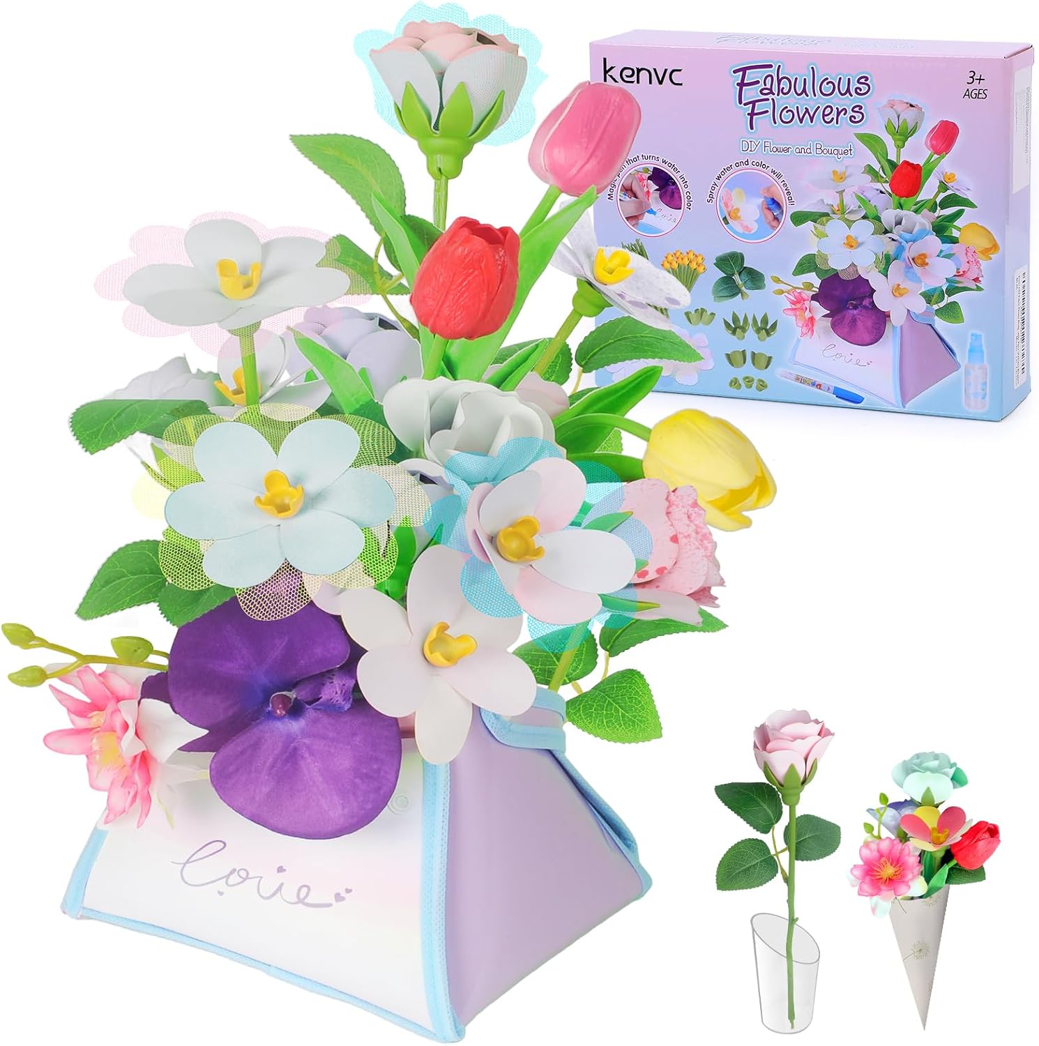 kenvc DIY Flower Bouquets Toys, Fabric Flower Market Toy is for Kids Best Gifts for Girls Boys Ages 5 6 7 8 9 10 to Craft Your Own Master Piece of Color Changing Flowers Kit
