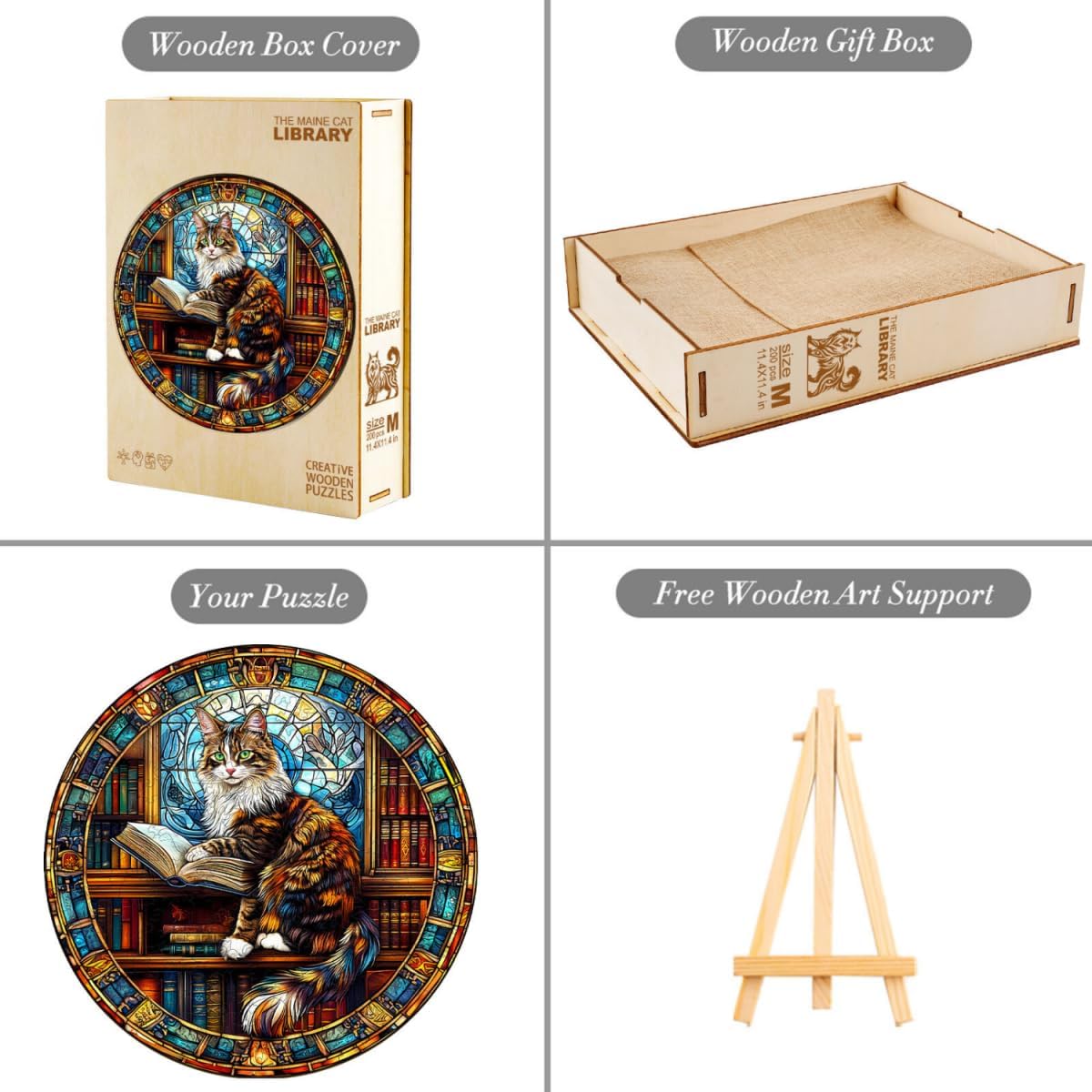 Wooden Puzzles Adults, Maine Cat Library Wooden Puzzles 200 Pieces, Unique Animal Shaped Wood Challenging Jigsaw Puzzles Gifts for Adults, 11.4x11.4in