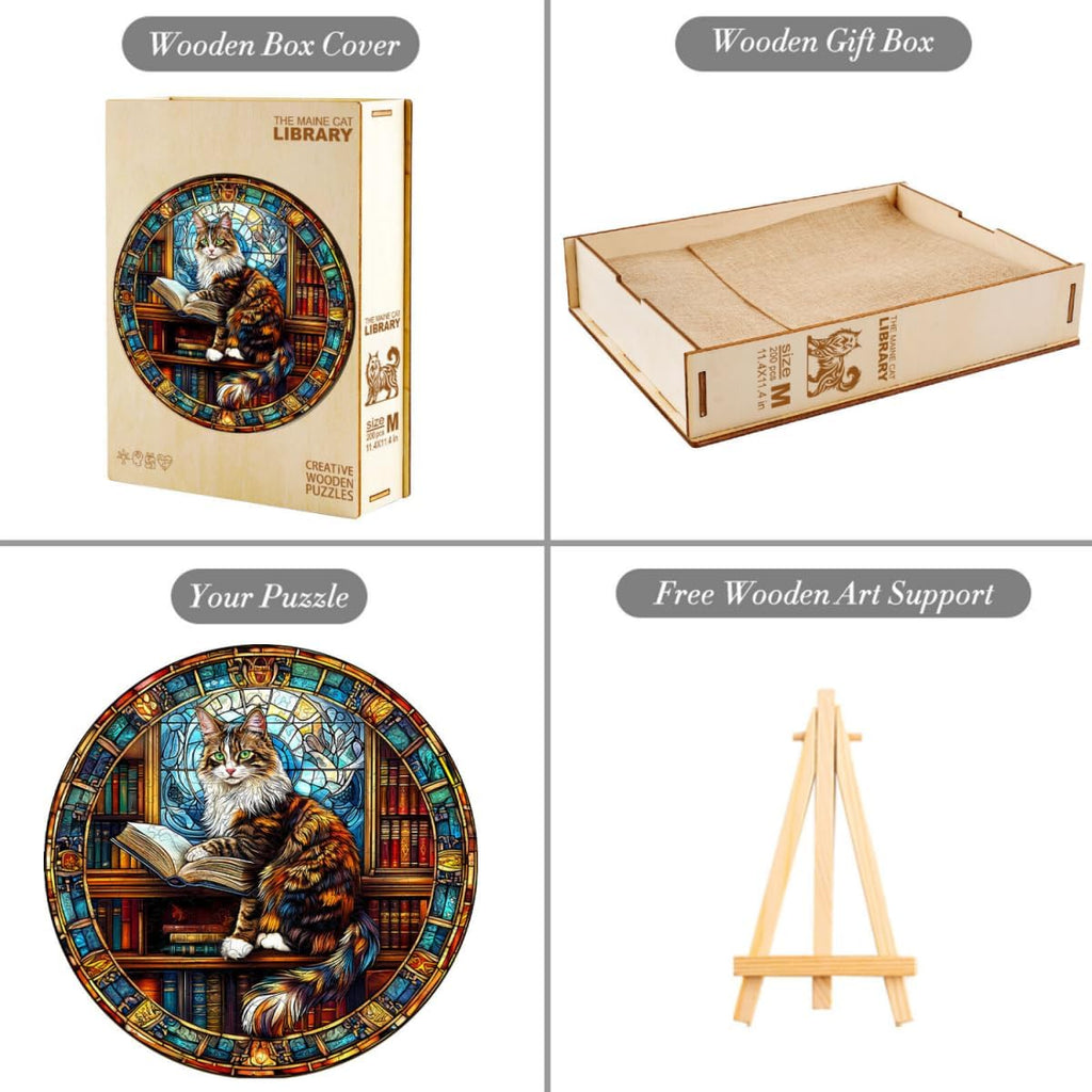 Wooden Puzzles Adults, Maine Cat Library Wooden Puzzles 300 Pieces, Unique Animal Shaped Wood Challenging Jigsaw Puzzles Gifts for Adults, 13.4x13.4in