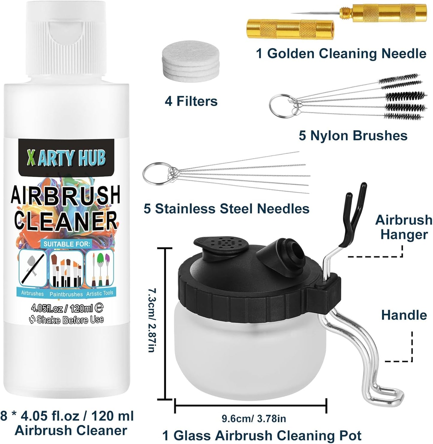 X ARTY HUB Airbrush Cleaning Kit - 8 * 4.05 fl oz / 120 ml Airbrush Cleaner with Glass Cleaning Pot, Easily Handle Water-Based and Acrylic Paints, for Airbrushes & Other Artistic Tools