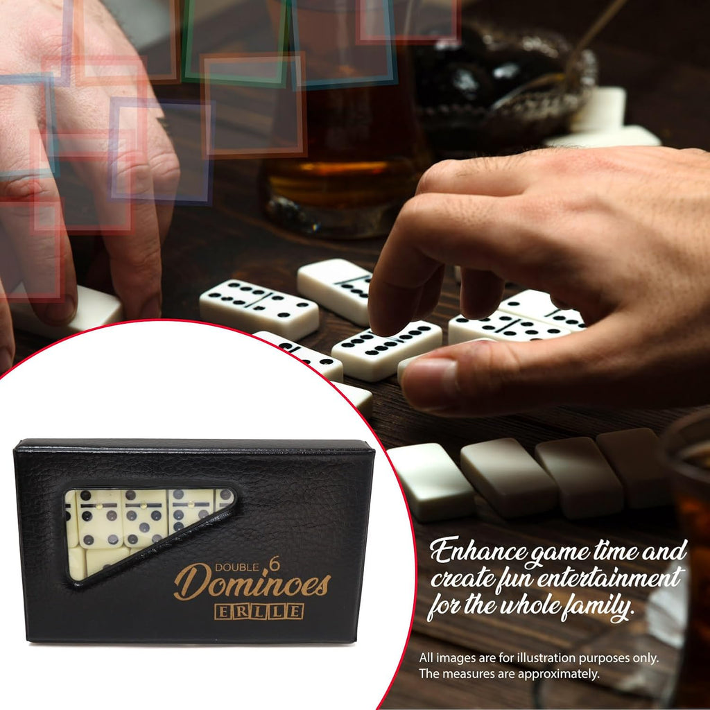 ERLLE - Premium Double 6 Dominoes Set, Classic Domino Game with Vinyl Case, Tiles for Adults & Kids, Mexican Train & Family Game Night