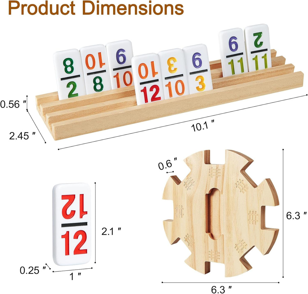 Mexican Train Dominoes Set with 4 Wooden Trays/Racks and Portable Carrying Case,Travel Colorful Double 12 Dominoes - 91 Numbered Tiles,for Kids and Adults