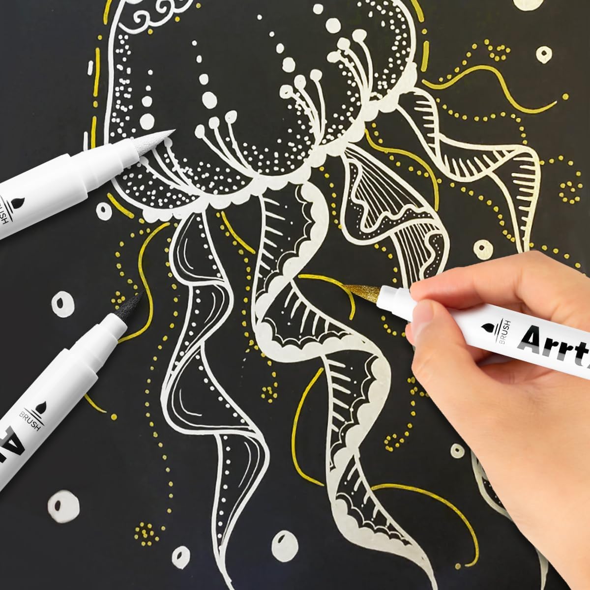 Arrtx Acrylic Paint Pens, 10 Pack Extra Brush Tip White Paint Markers Metallic for Rock Fabric Wood Glass Canvas Ceramic, 4 White 4 Black 1 Gold & 1 Silver, Water Based Ink, DIY Crafts