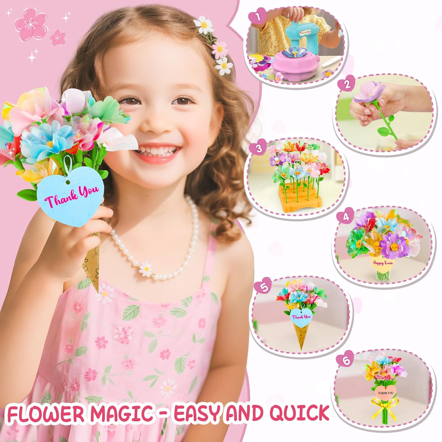Wwzzey Fabric Flower Bouquets Toys - Arts and Crafts for Kids Ages 4-8 8-12, Kids Crafts DIY Kit with Blessing Cards, Birthday Christmas Gifts for 4 5 6 7 8+ Year Old Girls Boys