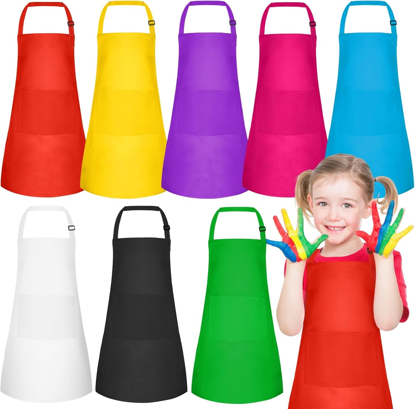 PLULON 8 Pcs Kids Apron Set Adjustable Children Art Aprons with 2 Pockets Artist Apron Bulk for Baking Painting Cooking Activity - 8 Colors