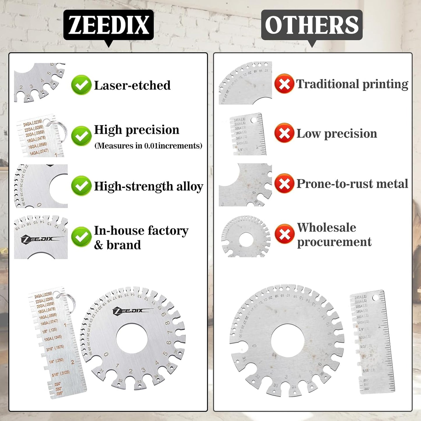 ZeeDix Standard Dual-Sided Round Wire Cable Sheet Gage- Stainless Steel Metal Wire Gage Measurement Tool Wire Measuring Ruler Diameter Tool