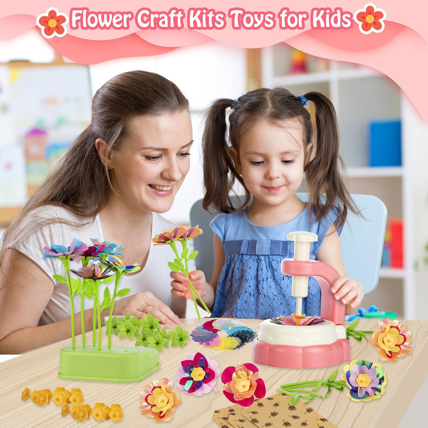VROGTIK DIY Arts and Crafts Kits for Kids, Educational Toys for 3 4 5 6 7 8 9+ Year Old Girls, Fabric Flower Bouquets Toys Birthday Gifts for 3-12 Years Old Kids Build Your Own Flowers