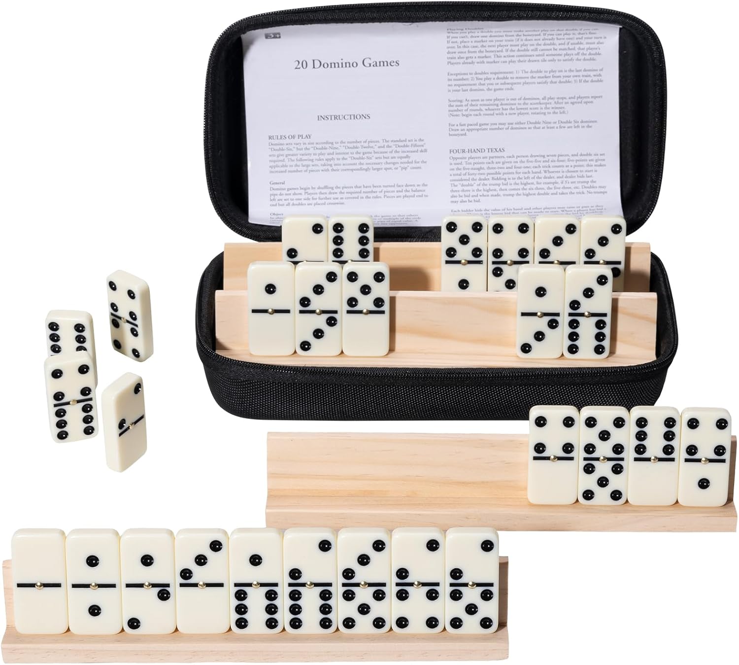 Dominoes Set for Adults, 28 Tiles with 4 Wooden Racks/Trays, Portable Double 6 Domino Game Set, Classic Board Game for Family Fun