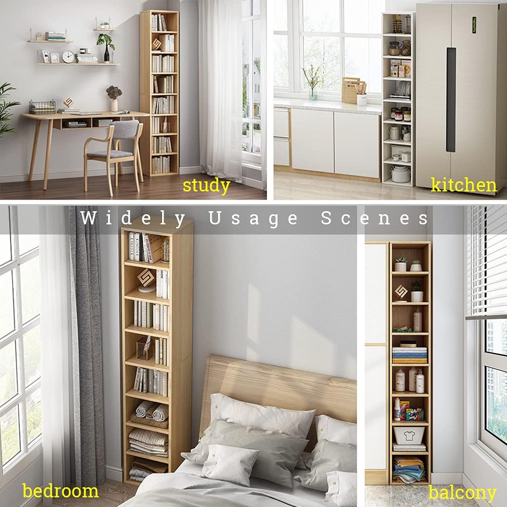 IOTXY Small Narrow Corner Bookcase - 47 Inches Tall Gap Freestanding Storage Cabinet, 4 Lattices Open Shelves Tower Rack with Door, Cubes Bookshelf in Oak