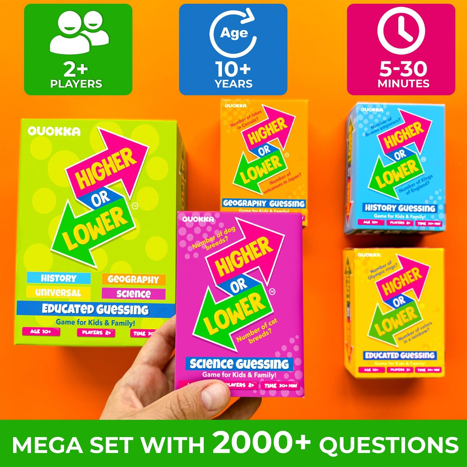 QUOKKA Trivia Board Games for Kids and Adults V2.0 - Family Night Board Game Cards 4xSet to Guess Fun Questions | Easy to Learn | 2 + Players - Challenge History, Science, Geography & More