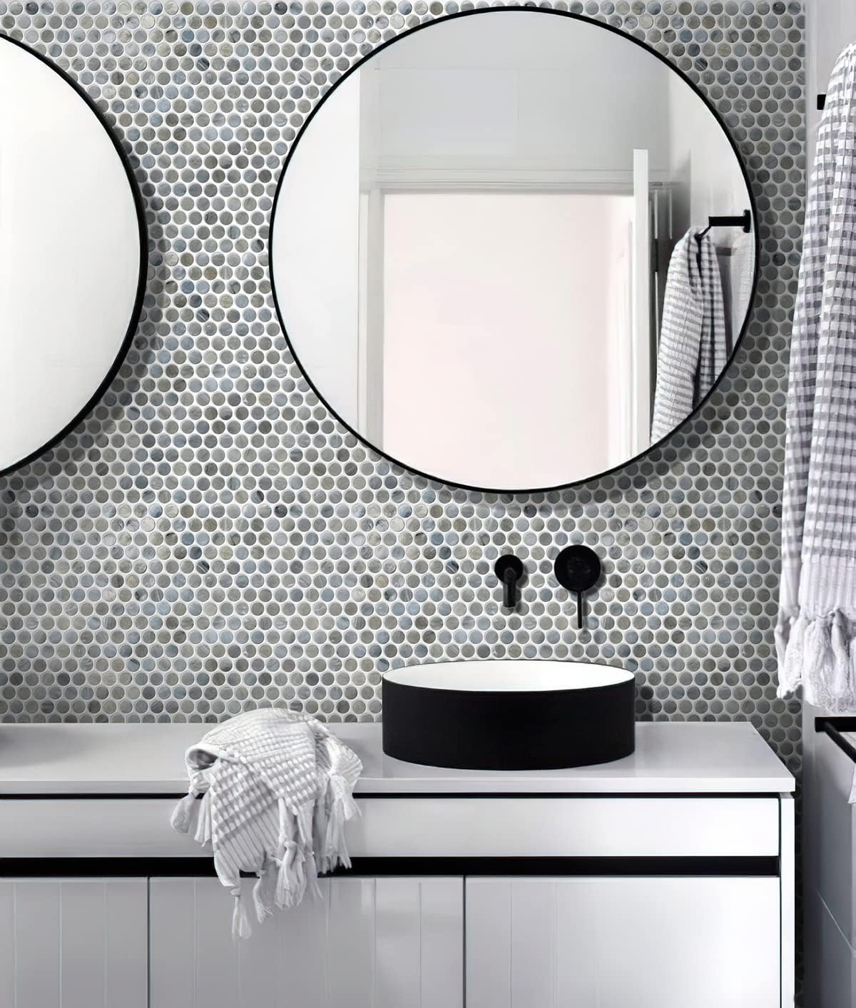 Mixed Gray Penny Round Mosaic Glass Tile – Sample Swatch- 4"x5" - Luxurious Design for Bathroom Walls, Kitchen Backsplash, Shower Walls - Elegant Wall Decor - NOT Peel and Stick Tile