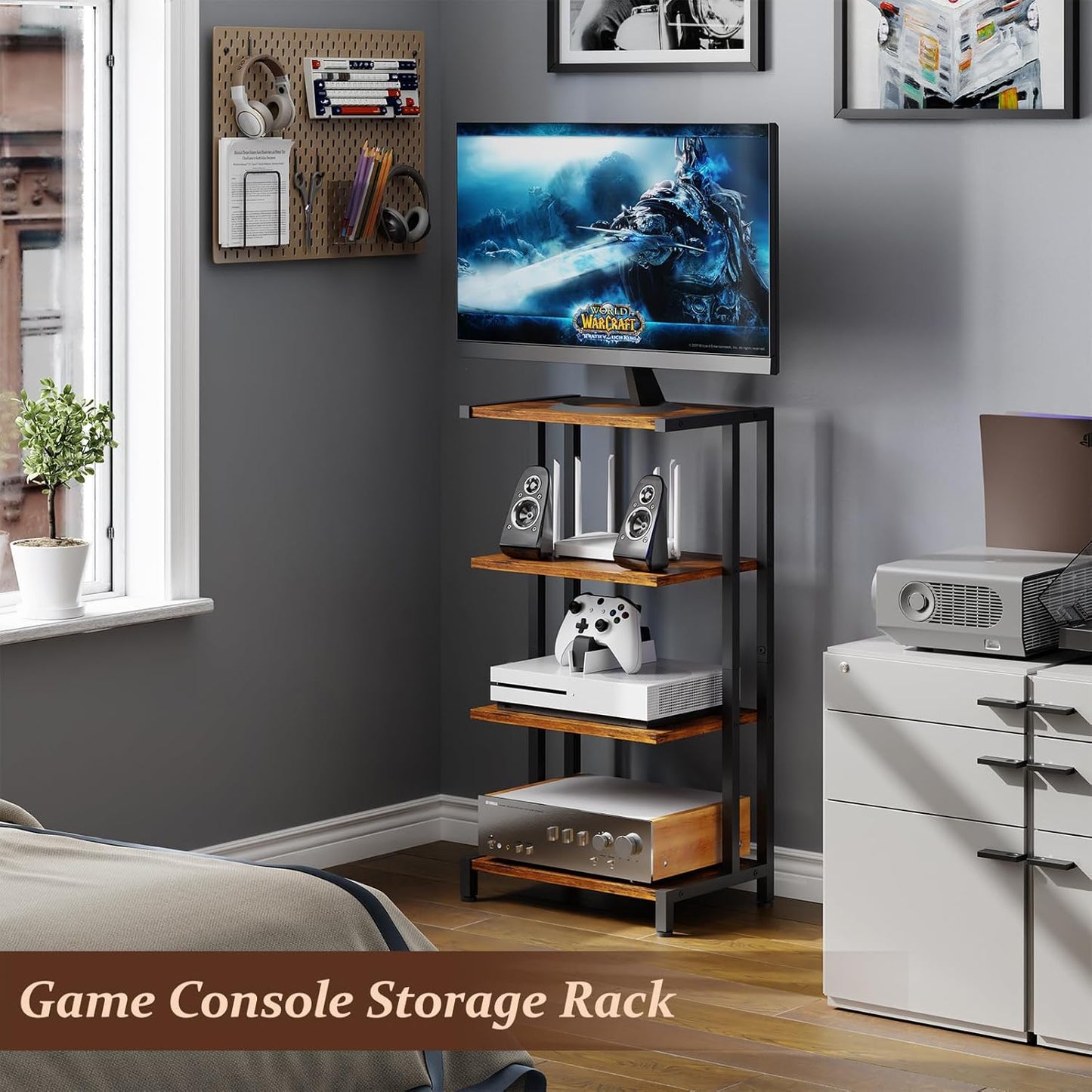 X-cosrack 4-Tier AV Media Stand Corner Shelf Wooden Corner Shelves Component Cabinet Stereo Audio Rack Stand Tower Perfect for DVD Players:Game Console:TV Box:Cable Box:WiFi Router