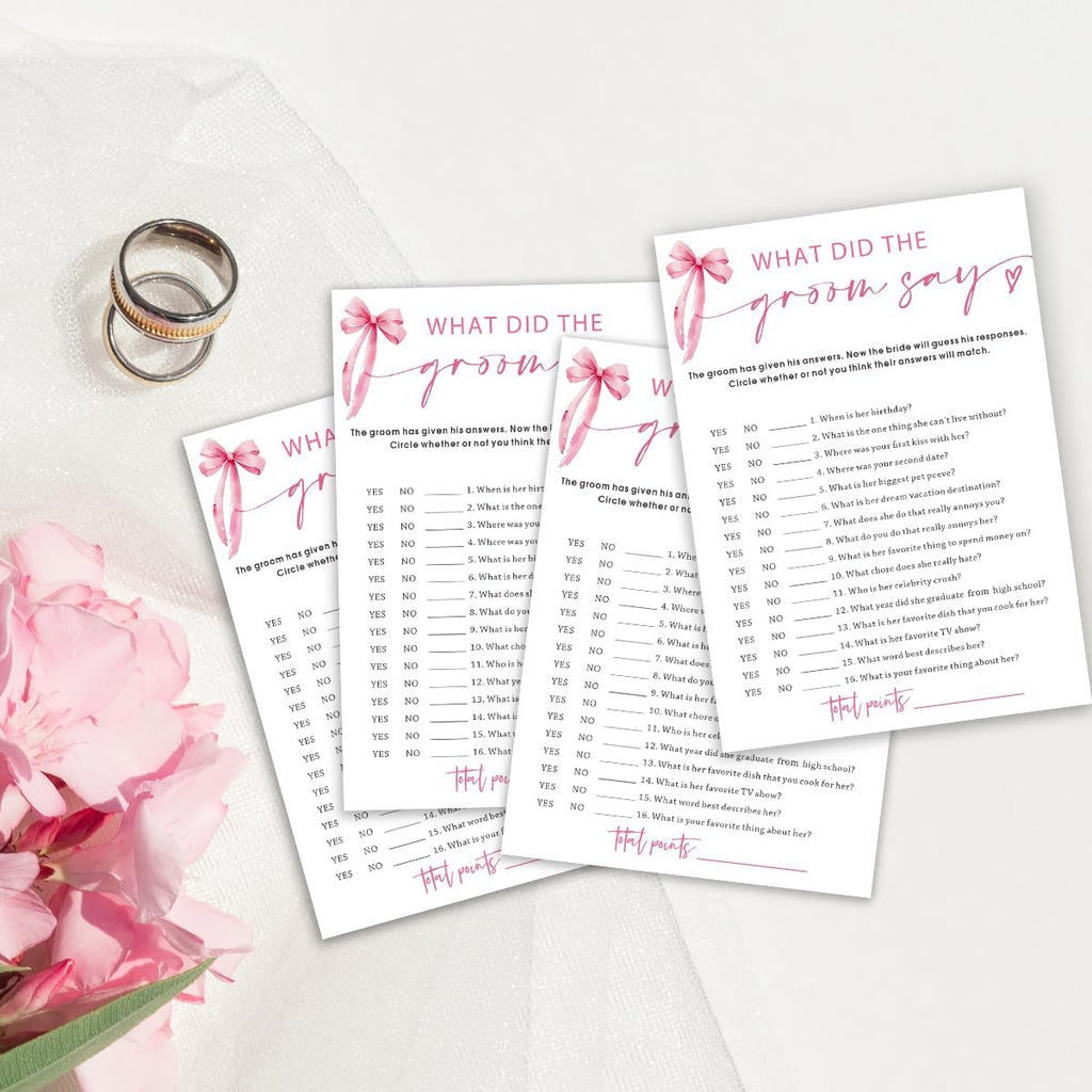 Wedding Shower Games Cards, What Did The Groom Say, Bridal Shower Games 25 Guests, Engagement Party Wedding Games for Guests, Pink Ribbon Bow Wedding Party Supplies - E12