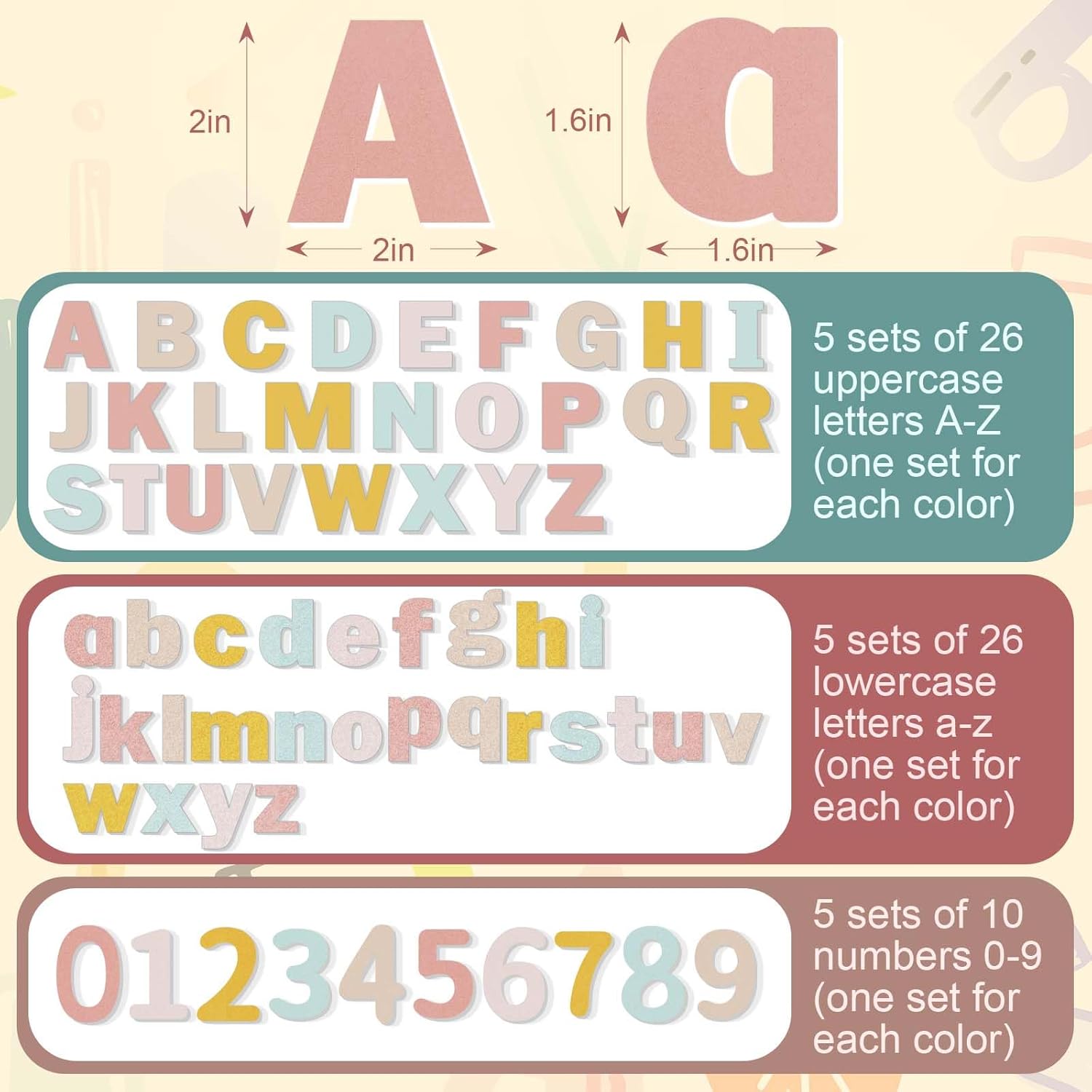 Breling 310 Pieces Felt Bulletin Board Letters Sticker with Number, 2" Bulk Self Adhesive ABC Upper Lowercase Sticky Letter for Christmas Gift Poster Bulletin Board Classroom(Boho Color)