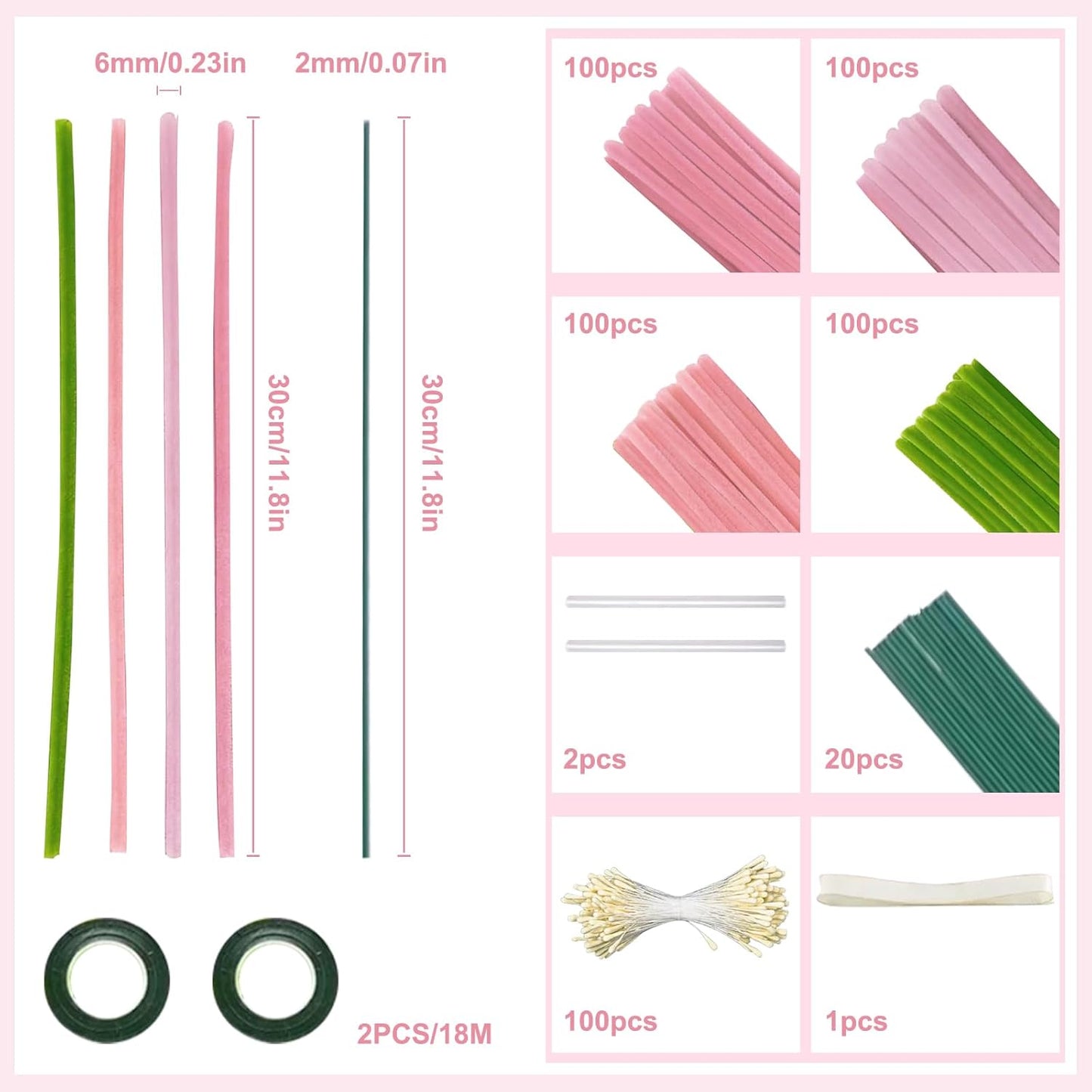 OFFAXE 400Pcs Pipe Cleaners Craft, Pipe Cleaner Bulk Flower Kit, 4 Assorted Colors Chenille Stems Flower Making Kit with Floral Wires, Gardening Tape, Stamen, Ribbon for DIY Art and Craft Supplies