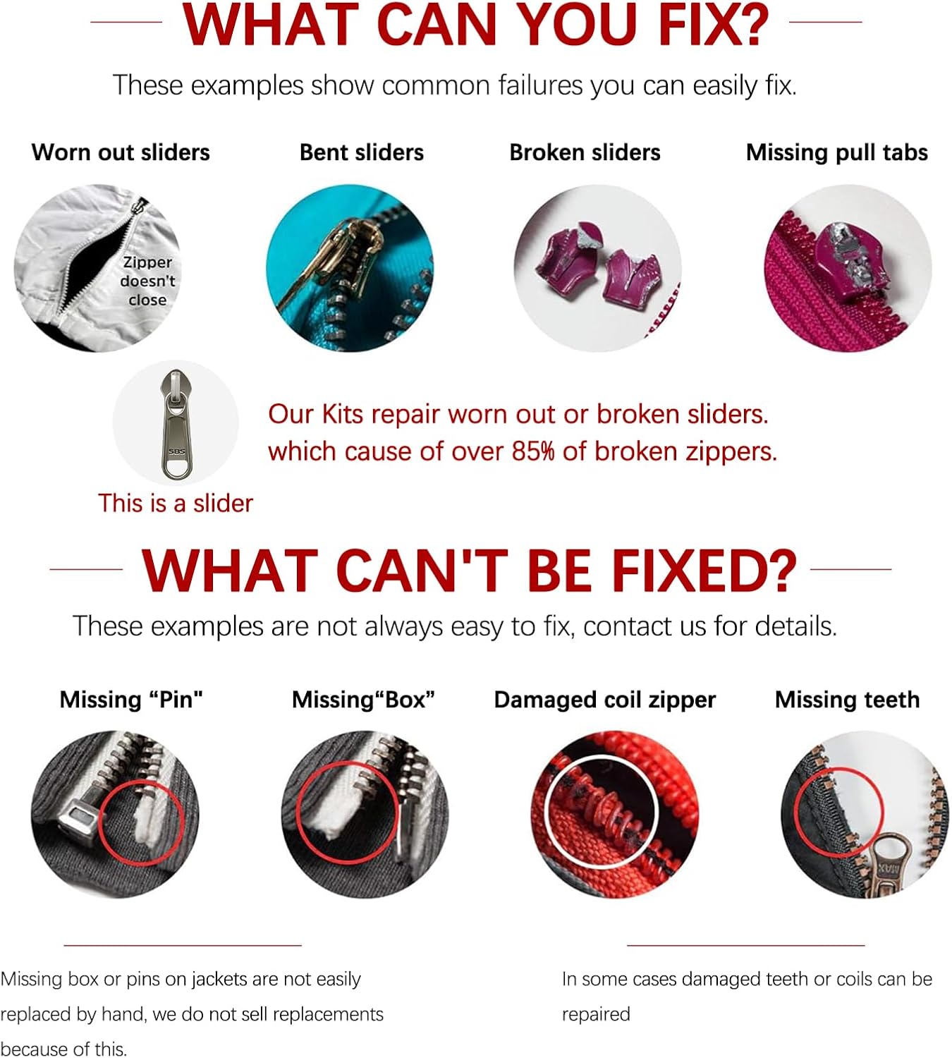 Zipper Repair Kit (188 Pcs) - Universal Fixer for Luggage, Backpacks, Jackets, Coats & Boots Includes #3#5#8#10 Sliders, Zipper Pull Replacement, Stops & Repair Tool（Non-YKK Compatible）