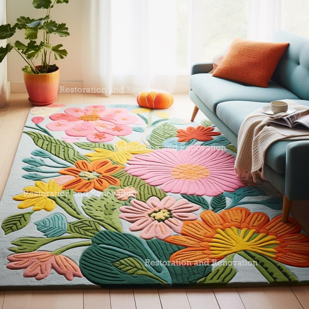 Handmade Wool Floral Area Rug for Living Room | Elegant Flower Garden Design, Soft, Thick and Durable | Bedroom, Dining Room & Home Decor Carpet (6' Round, Floral F)