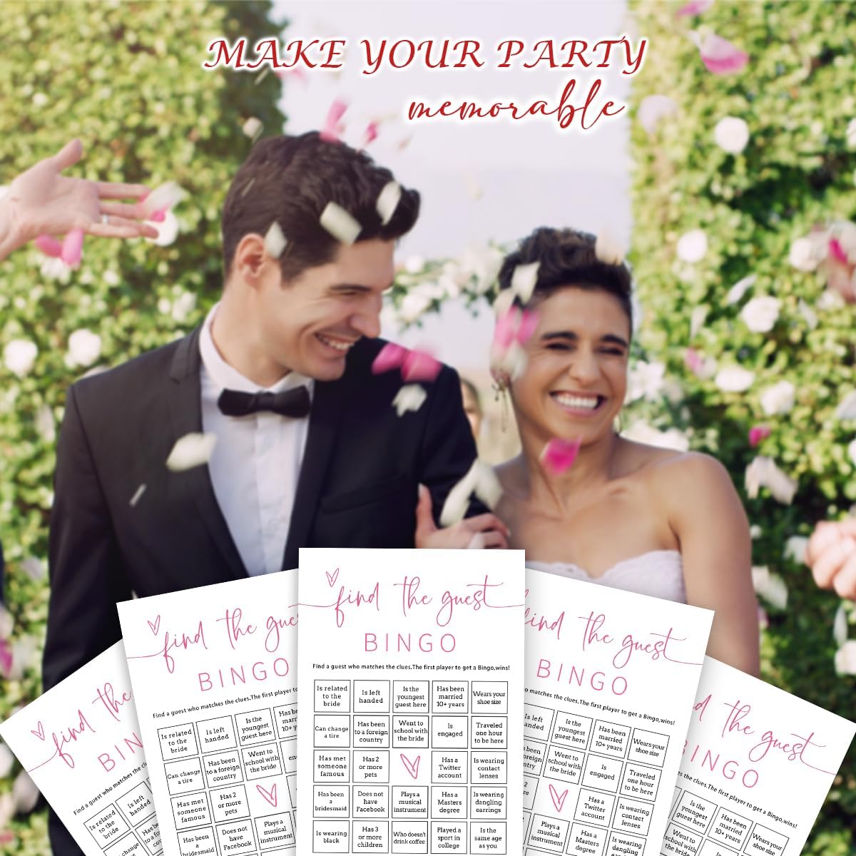 Bridal Shower Bingo, 25Pcs Prefilled Find The Guest Bingo Game Cards, Engagement Party Games for Guests, Pink Wedding Party Supplies - E17