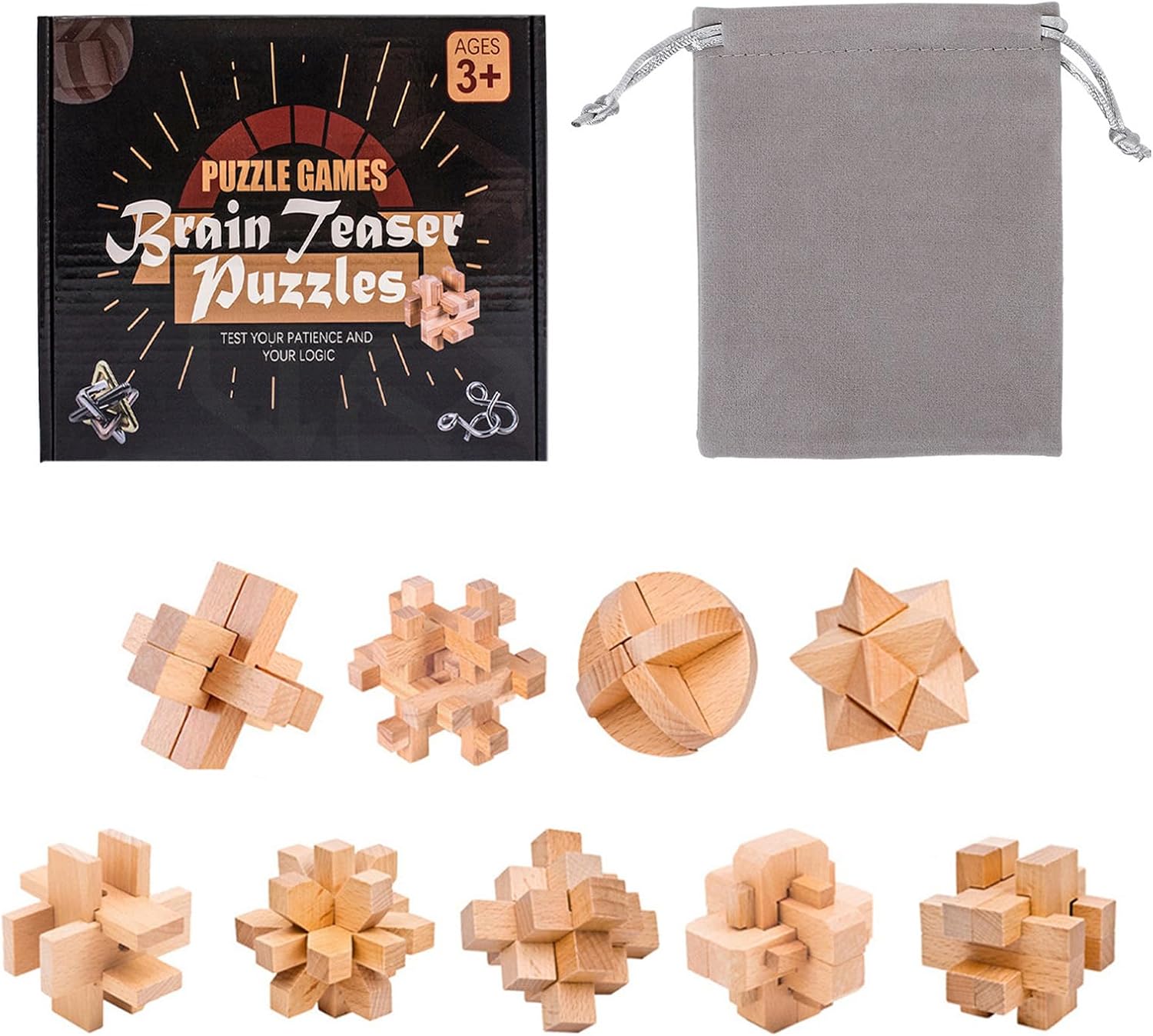 VolksRose 9pcs Wooden Brain Teaser Puzzles, IQ Challenge Puzzle Games, Logic Mind Puzzle Box Lock Toy Disentanglement 3D Small Brain Puzzle Gift Set for Adults Teenagers Kids, 1.8inch 4.5cm