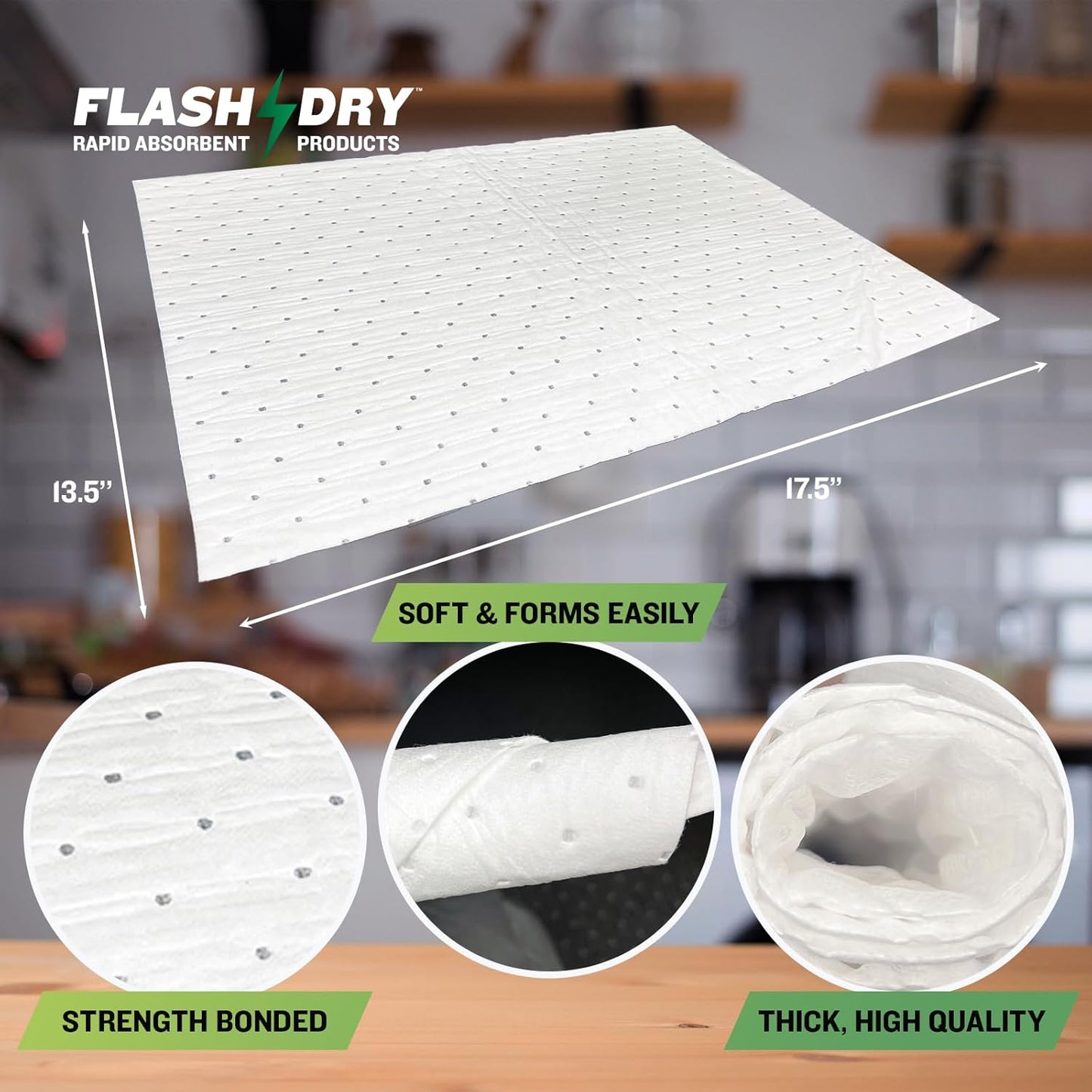 FLASHDRY Marine Oil & Fuel Spill Absorbent Pads - 100-Count Box, 17.5” x 13.5”, Water Repellent, Effective Spill Control, Marine Protection, High-Performance, Eco-Friendly, Tear Resistant